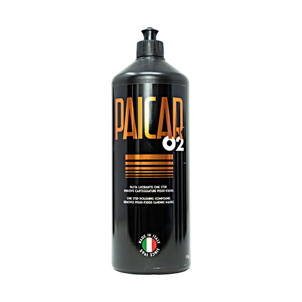 32 oz bottle of PAICAR 02 Medium Cut Polishing Compound designed to remove P1500-P3000 sand scratches and other deep marks.