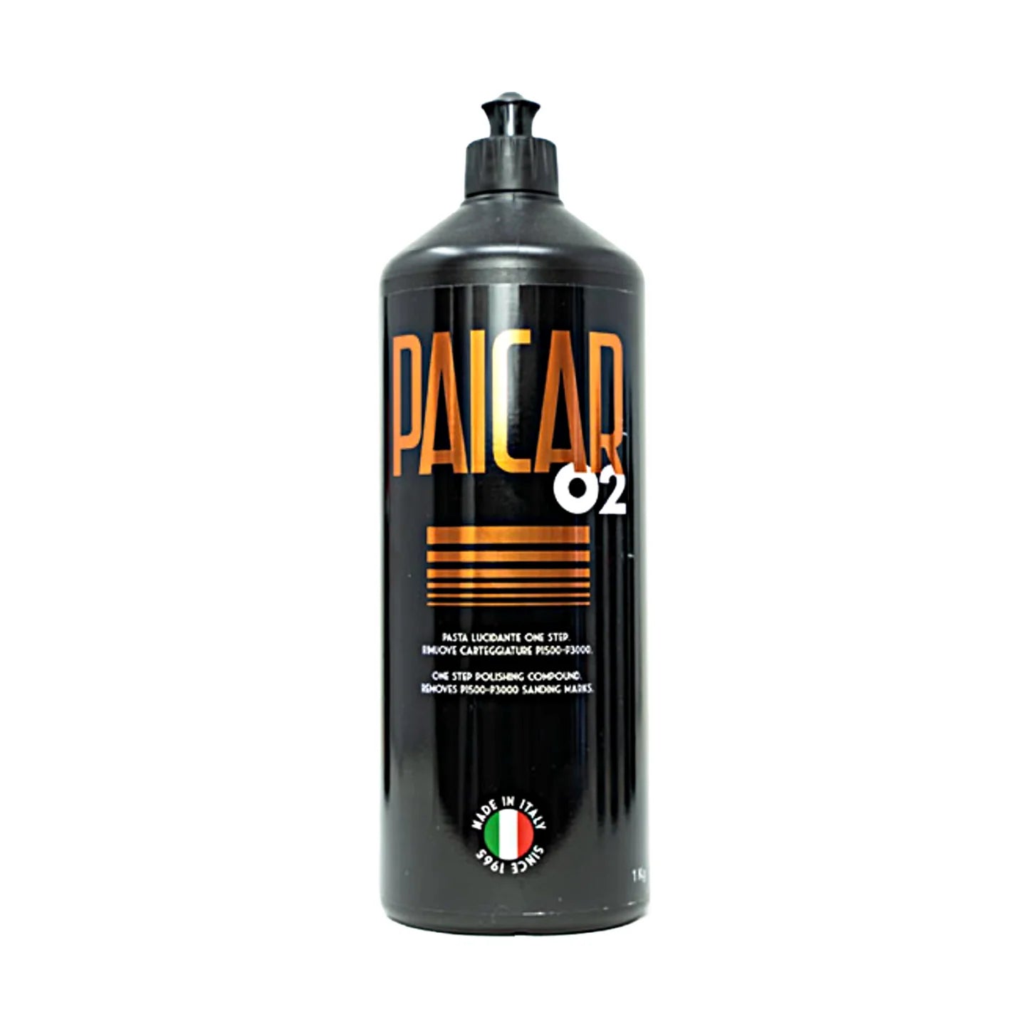 32 oz bottle of PAICAR 02 Medium Cut Polishing Compound designed to remove P1500-P3000 sand scratches and other deep marks.