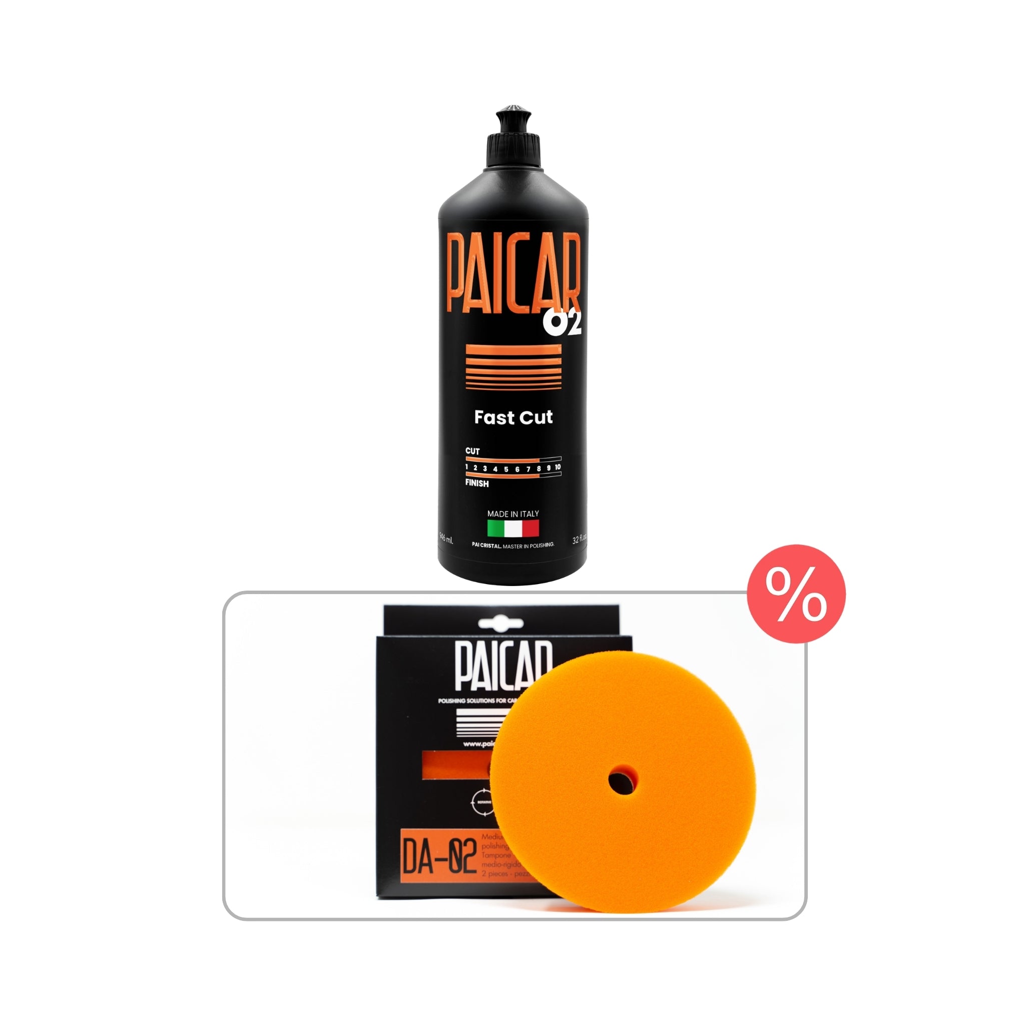 PAICAR 02 Bundle with 02 Medium Cut Polishing Compound and matching DA-02 pad for the removal of moderate paint defects.