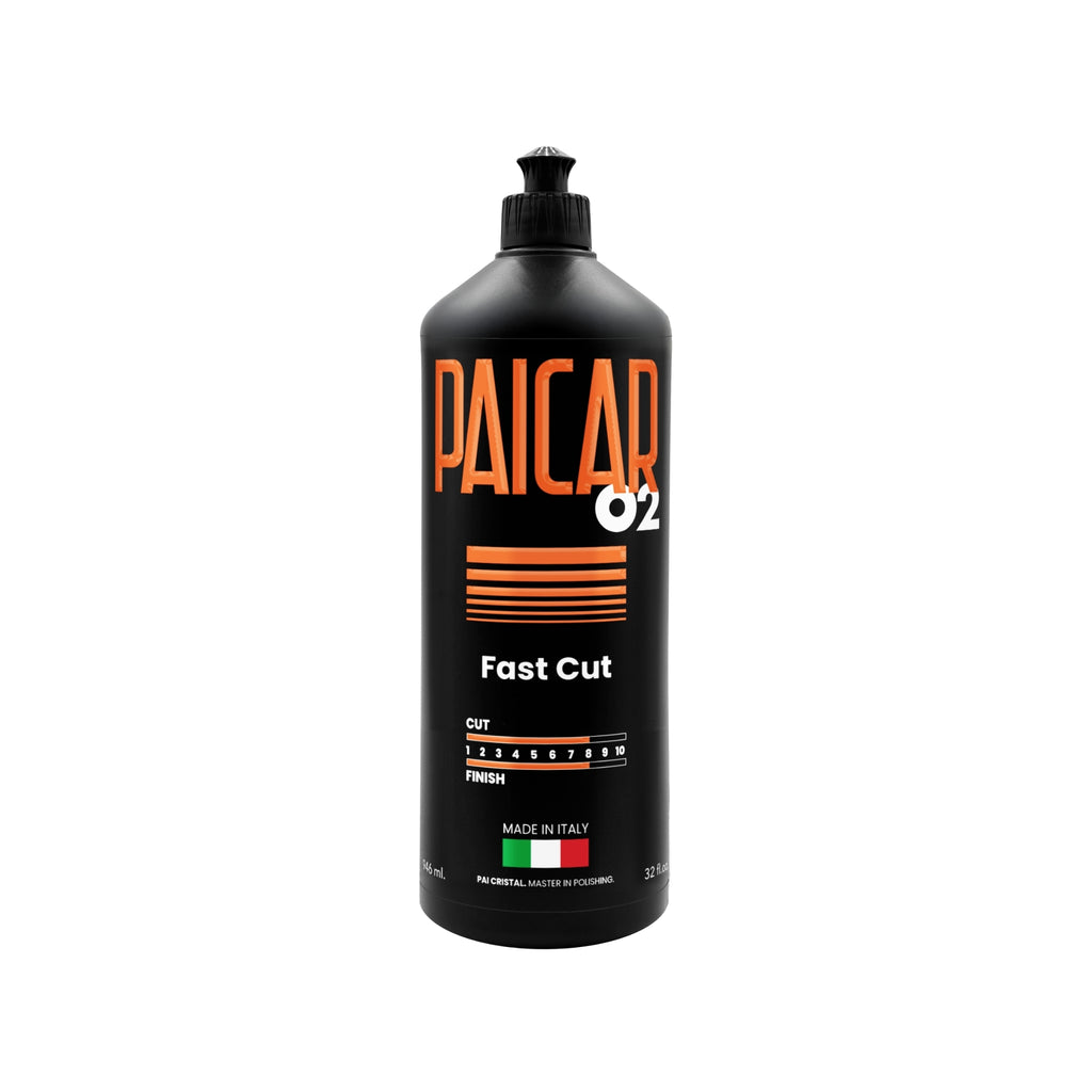 32 oz bottle of PAICAR 02 Medium Cut Polishing Compound designed for defect removal without generating dust.