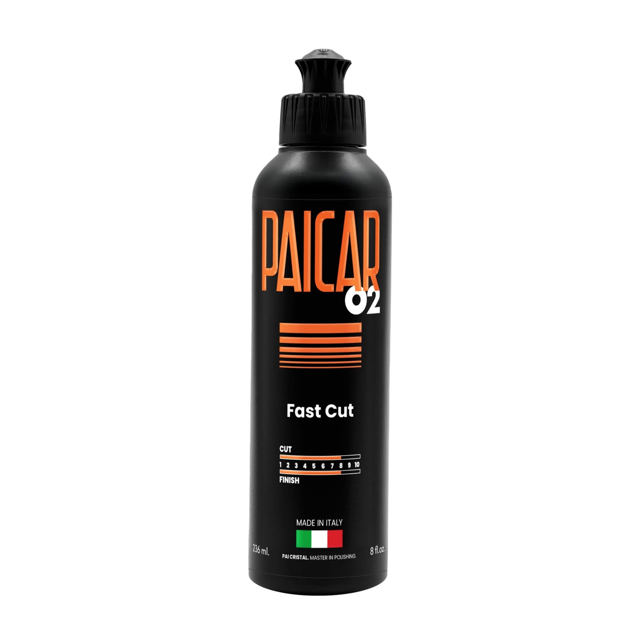 8oz bottle of PAICAR 02 Medium Cut Polishing Compound designed for defect removal without generating dust.
