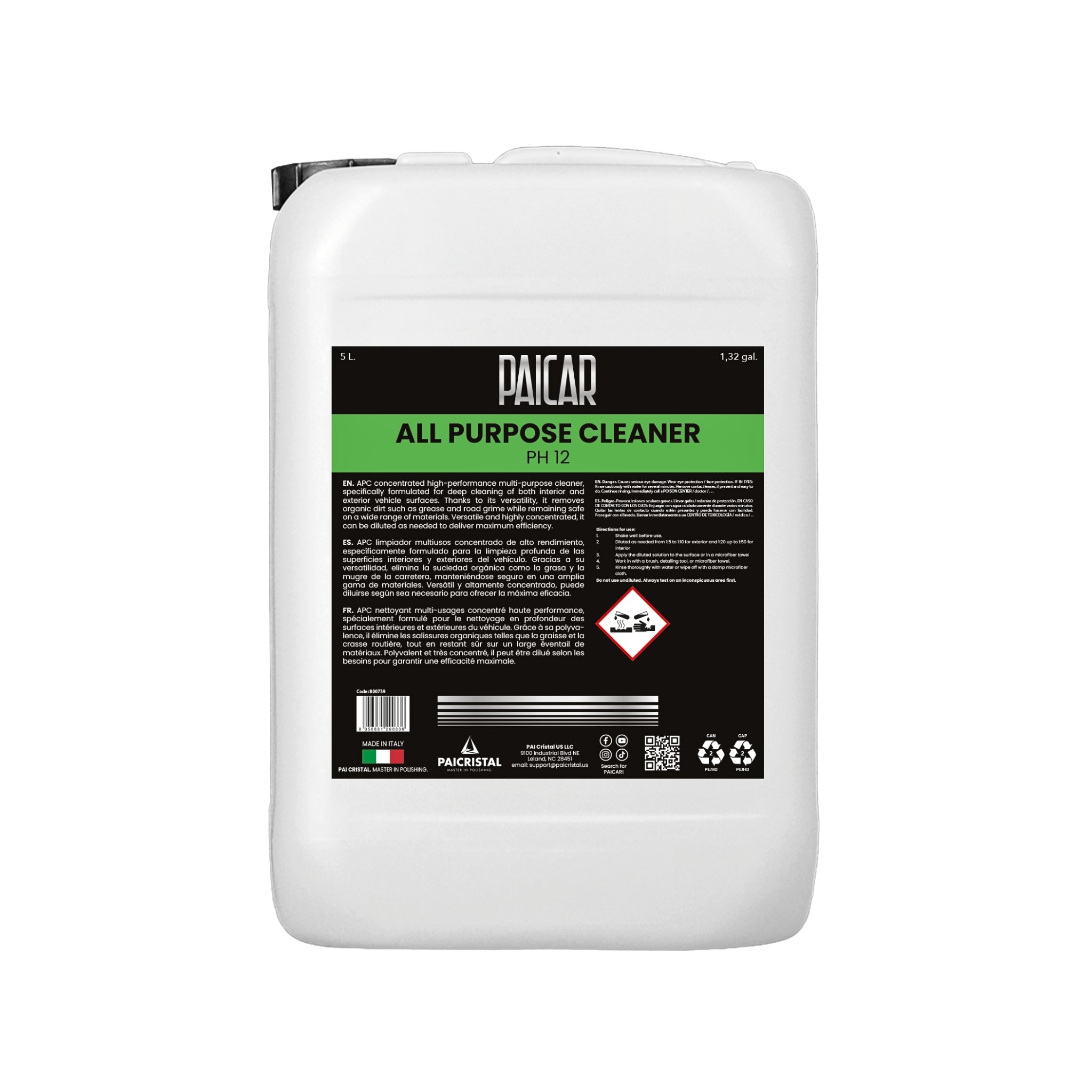 PAICAR All Purpose Cleaner pH 12 concentrated APC for interior and exterior surfaces, removing grease, grime, and stains.