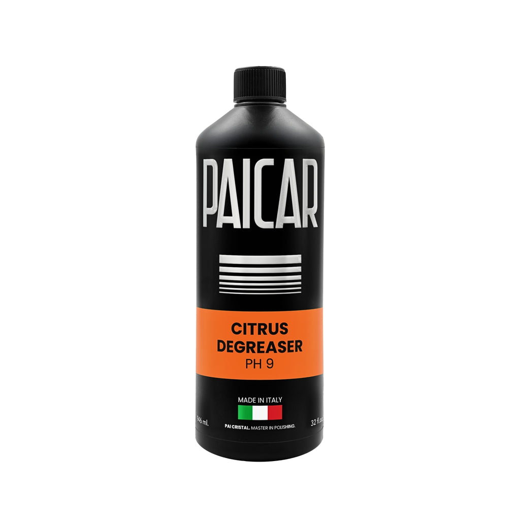 PAICAR Citrus Degeaser pH 9 citrus-based cleaner that breaks down grease, oils, adhesive residue, and road grime.