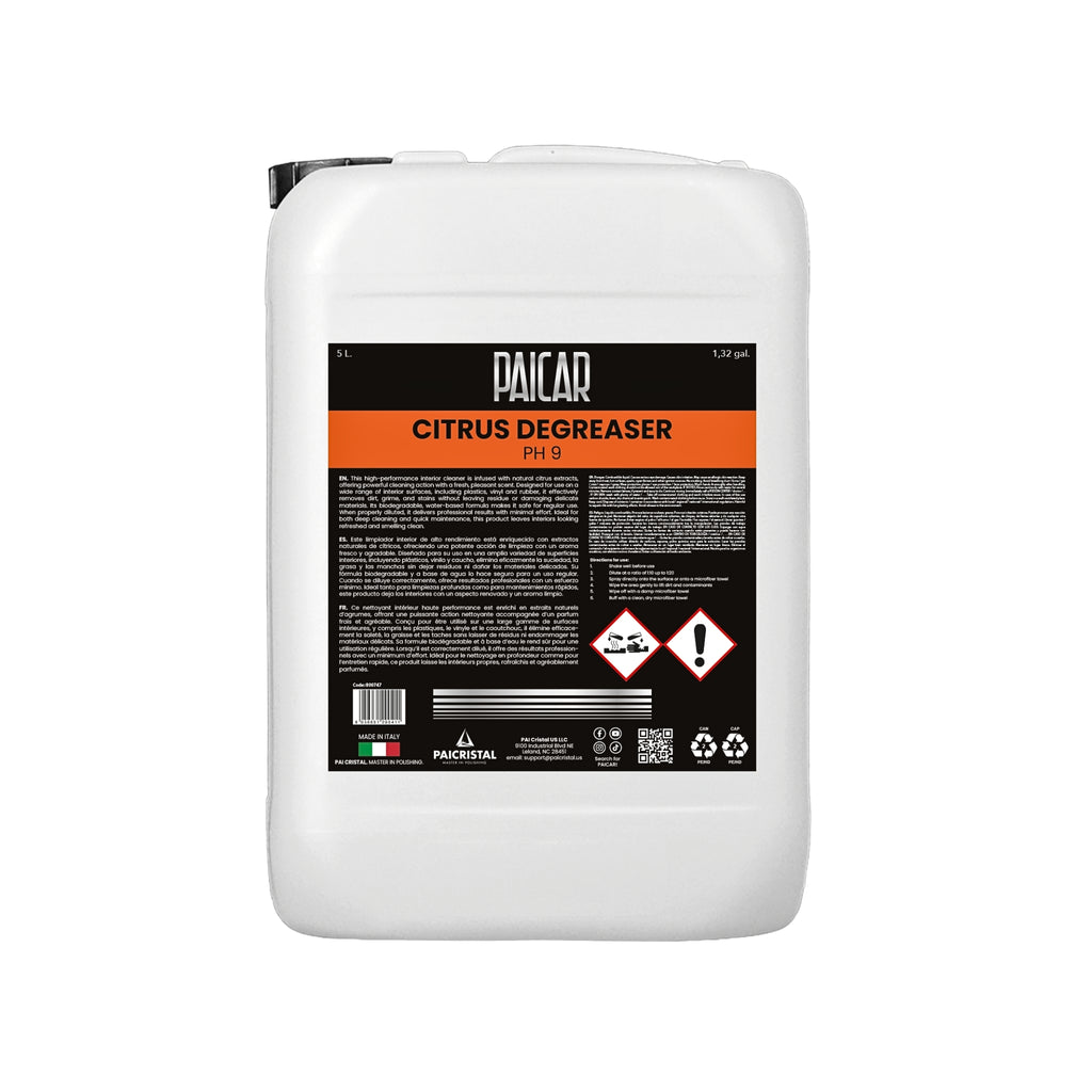 PAICAR Citrus Degeaser pH 9 citrus-based cleaner that breaks down grease, oils, adhesive residue, and road grime.