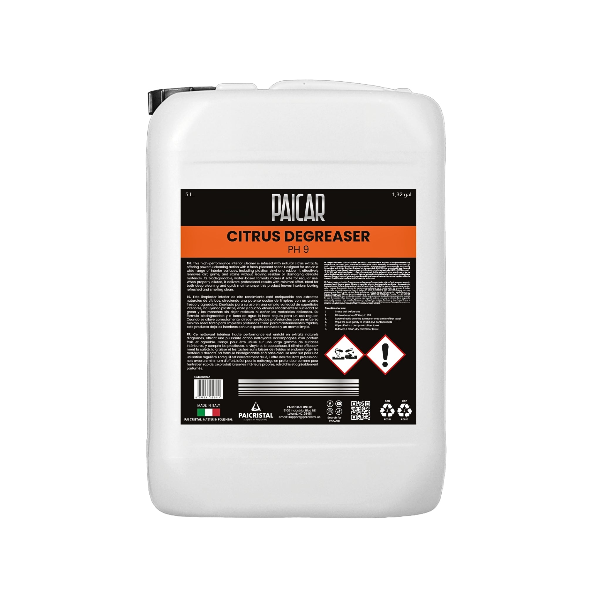 PAICAR Citrus Degeaser pH 9 citrus-based cleaner that breaks down grease, oils, adhesive residue, and road grime.
