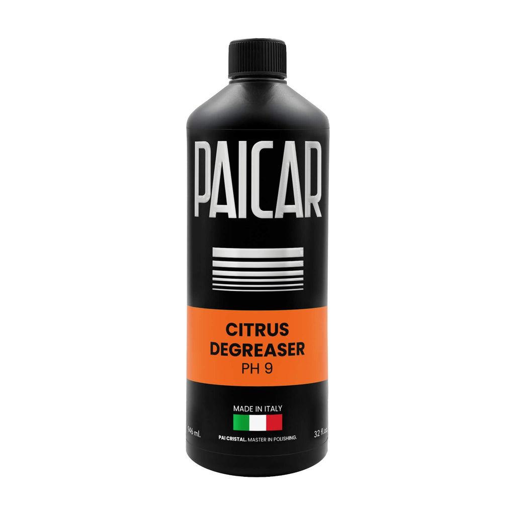 PAICAR Citrus Degreaser pH 9 uses citrus extracts to remove dirt, stains, and oily residue from plastics, vinyl, and rubber.