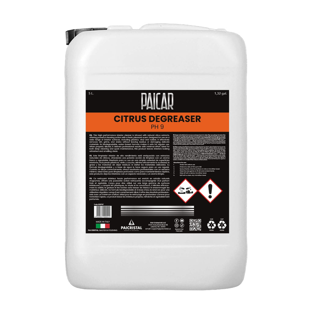 PAICAR Citrus Degreaser pH 9 uses citrus extracts to remove dirt, stains, and oily residue from plastics, vinyl, and rubber.