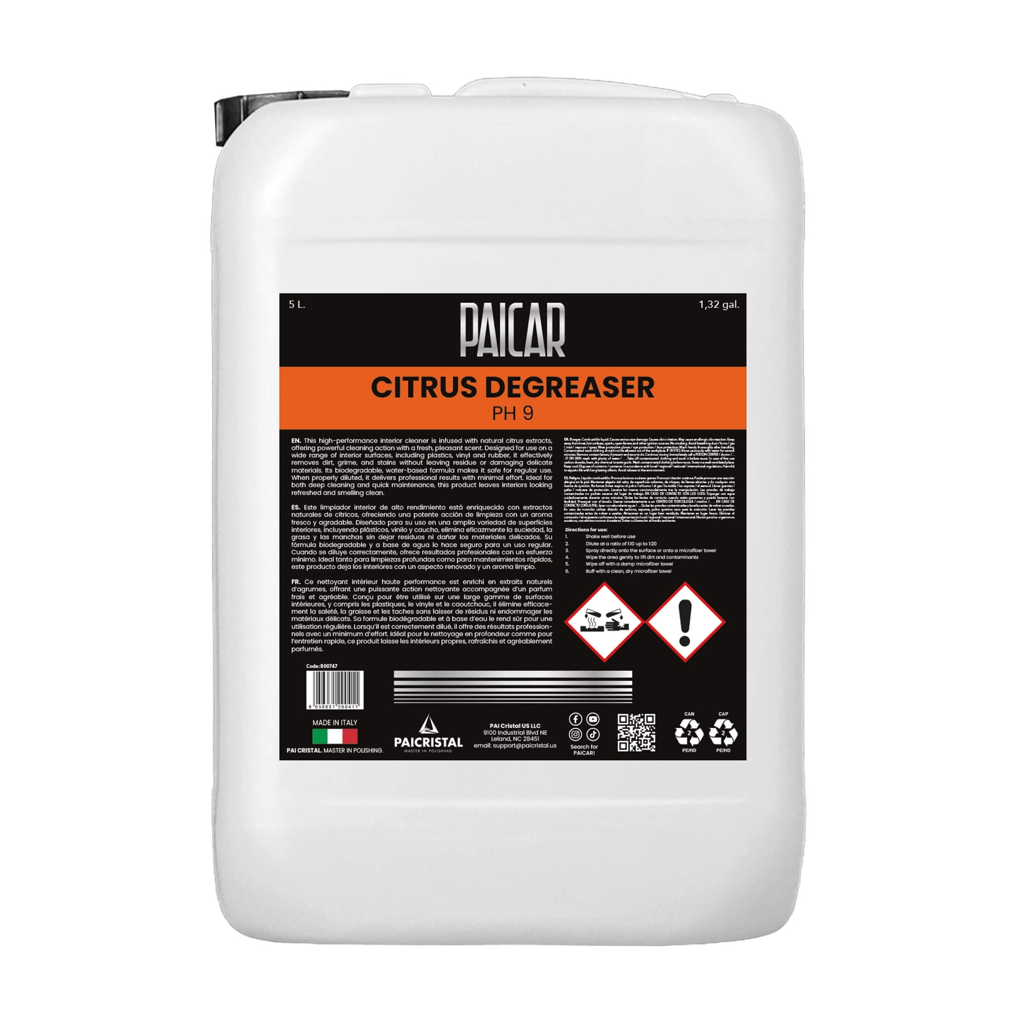 PAICAR Citrus Degreaser pH 9 uses citrus extracts to remove dirt, stains, and oily residue from plastics, vinyl, and rubber.