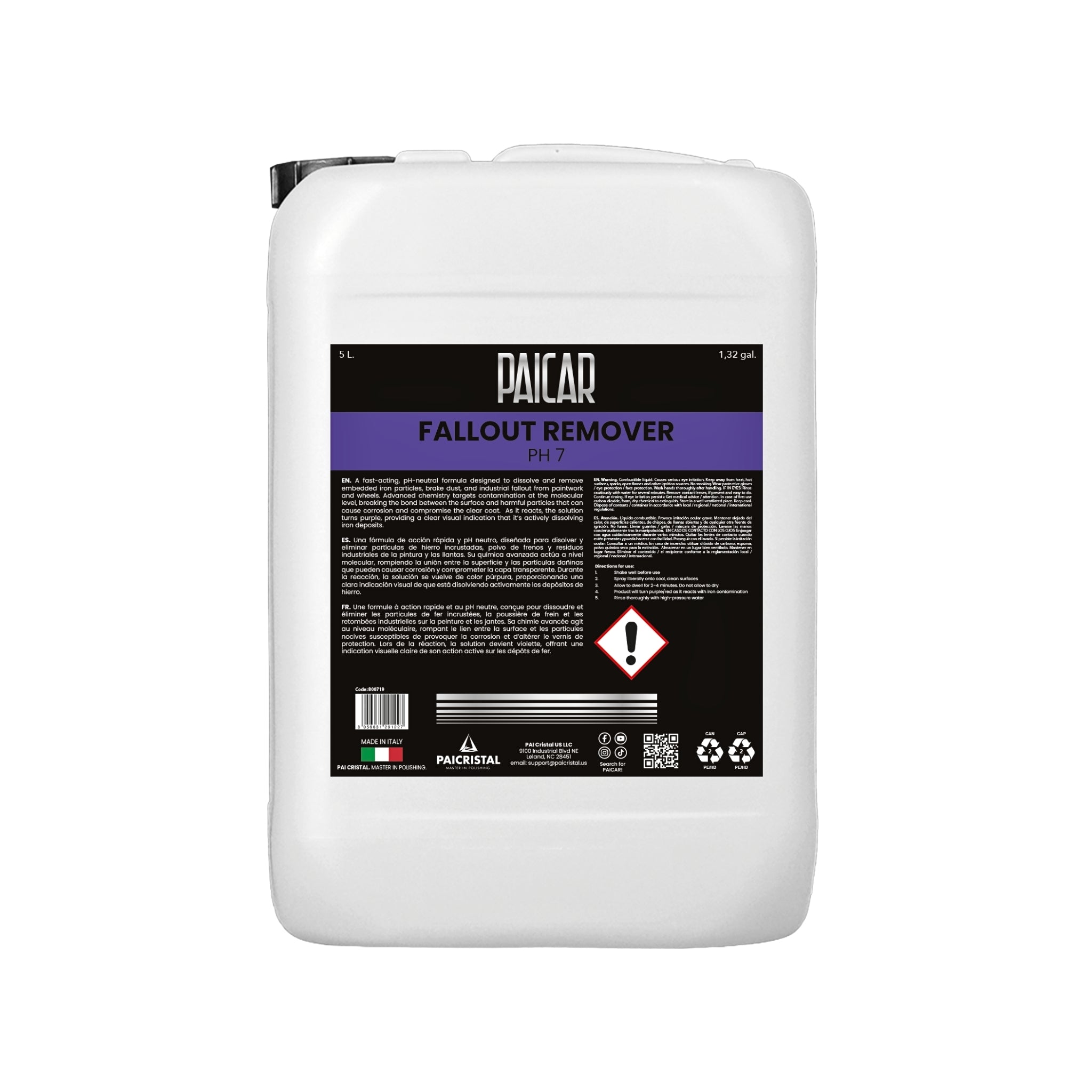 PAICAR Fallout Remover dissolves iron particles, brake dust, and contamination, safe for paint, wheels, and glass surfaces.