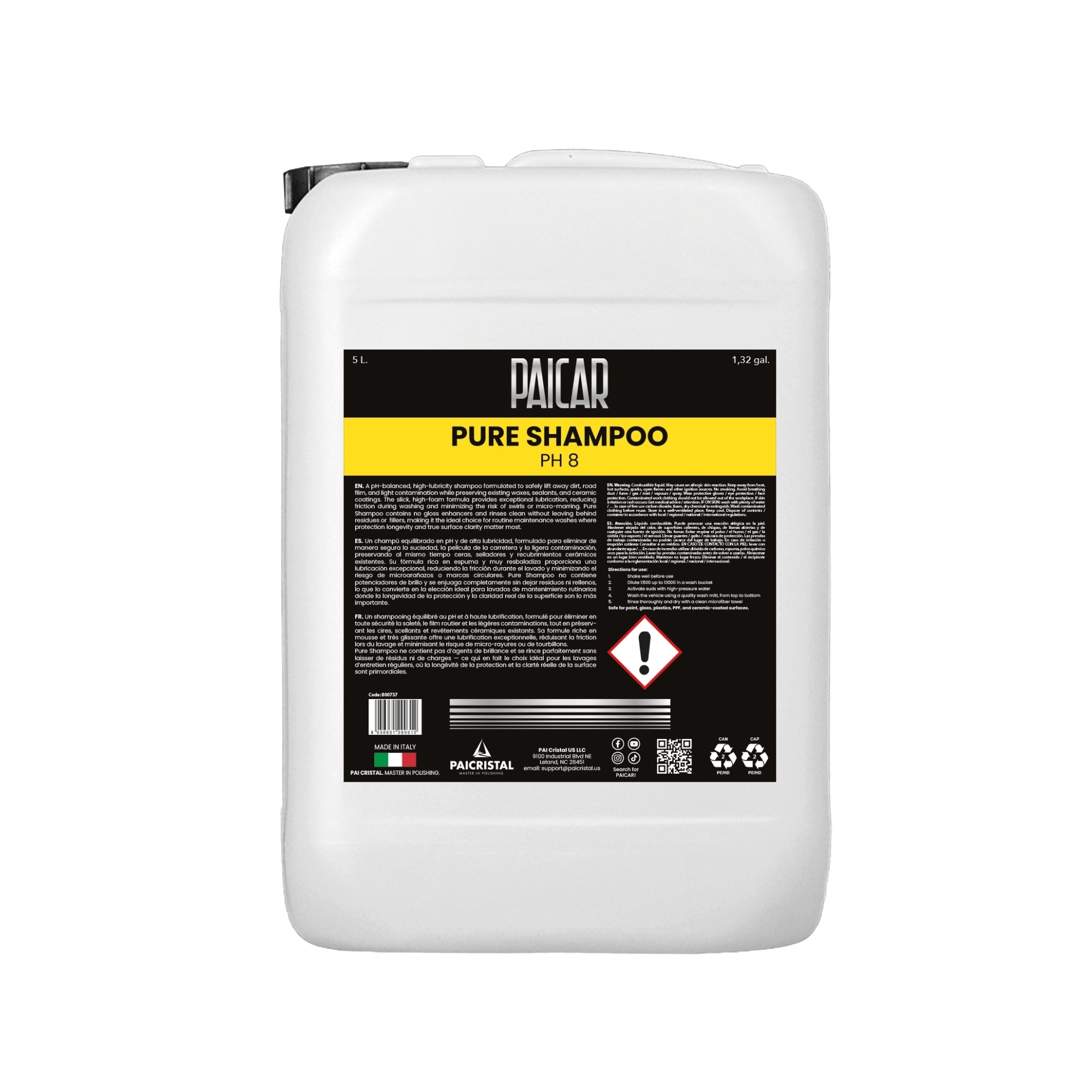 PAICAR Pure Shampoo pH 8 car wash soap with rich foam and lubrication for safe, scratch-free maintenance washes.