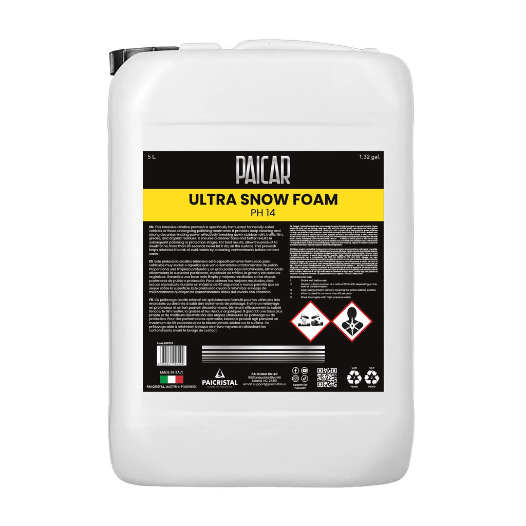 PAICAR Ultra Snow Foam for foam cannons blankets paint in thick suds to loosen traffic film and grime before hand washing.