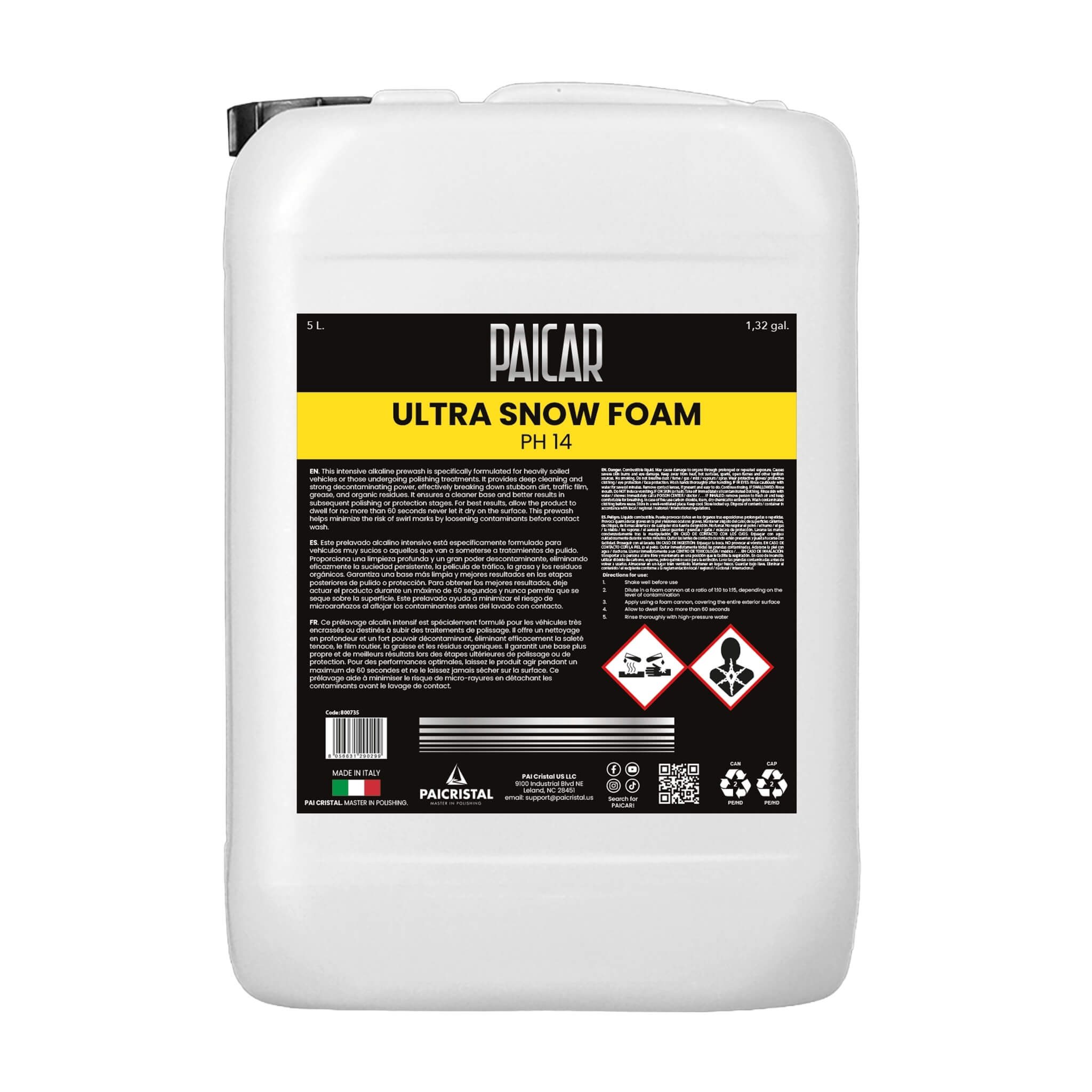 PAICAR Ultra Snow Foam for foam cannons blankets paint in thick suds to loosen traffic film and grime before hand washing.