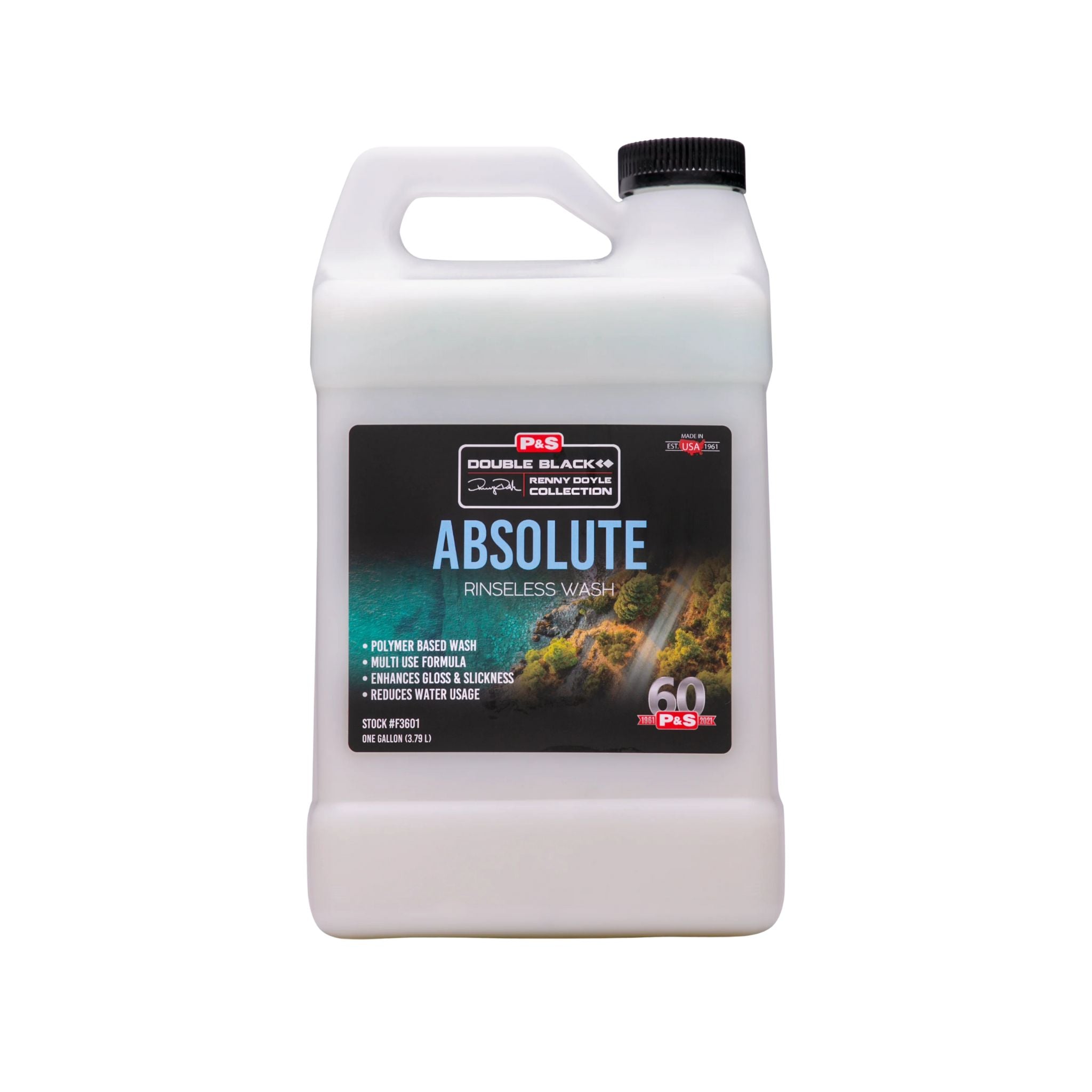 One-gallon jug of P&S Absolute Rinseless Wash, a polymer-based formula that encapsulates dirt for safe, effective washing.