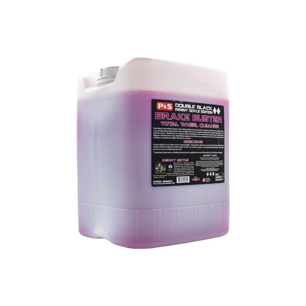 Five-gallon jug of P&S Brake Buster, an acid-free wheel cleaner which produces intense foam to penetrate and break down dirt.
