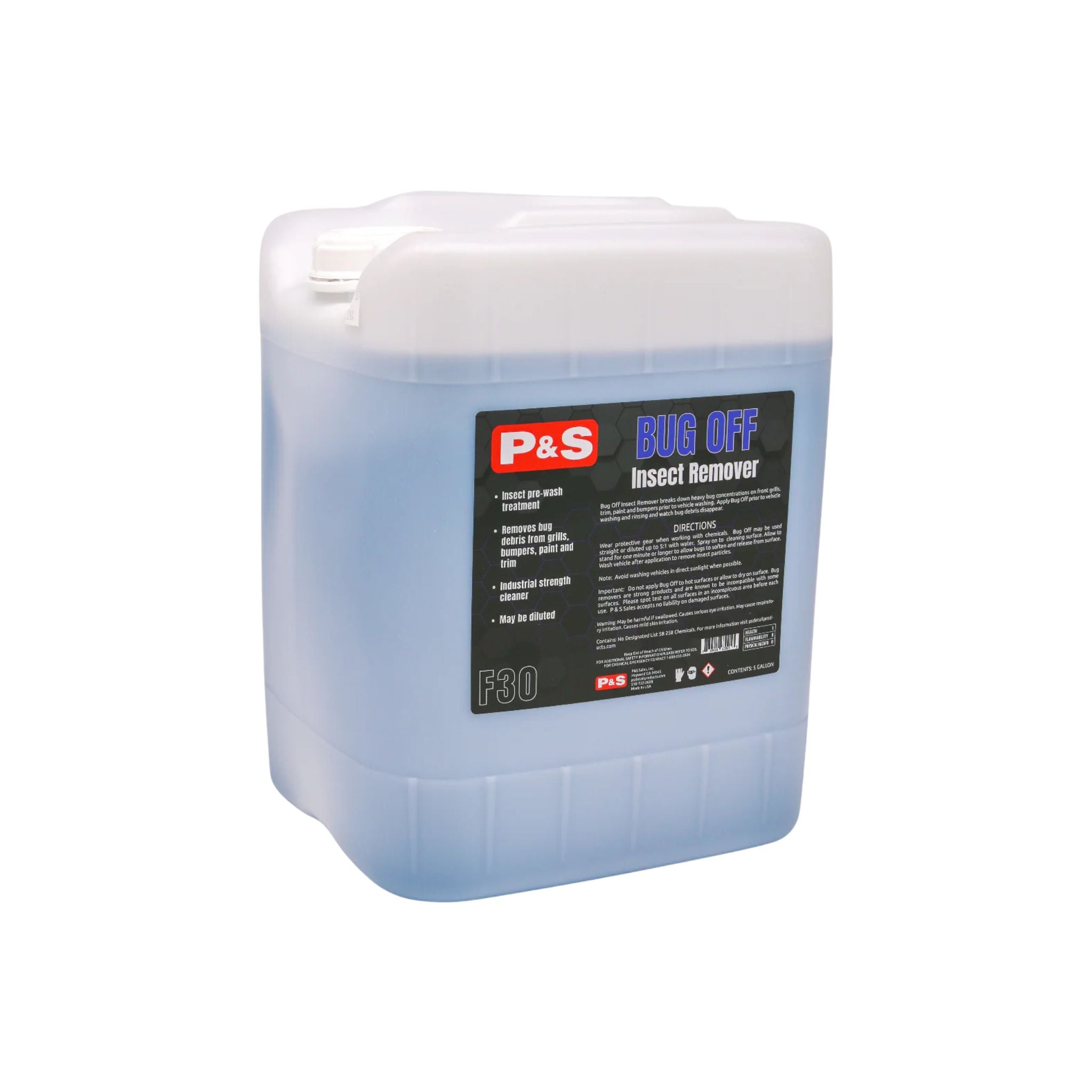 Five-gallon jug of P&S Bug Off Insect Remover, an industrial strength cleaner used before washing to dissolve bug debris.