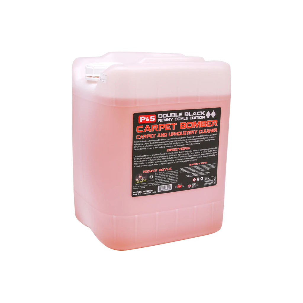 Five-gallon jug of P&S Carpet Bomber, a concentrated cleaner that can be diluted based on desired strength.