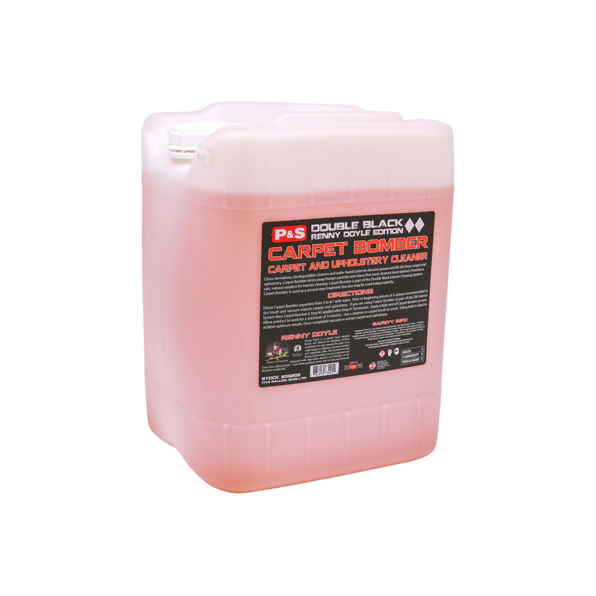 Five-gallon jug of P&S Carpet Bomber, a concentrated cleaner that can be diluted based on desired strength.