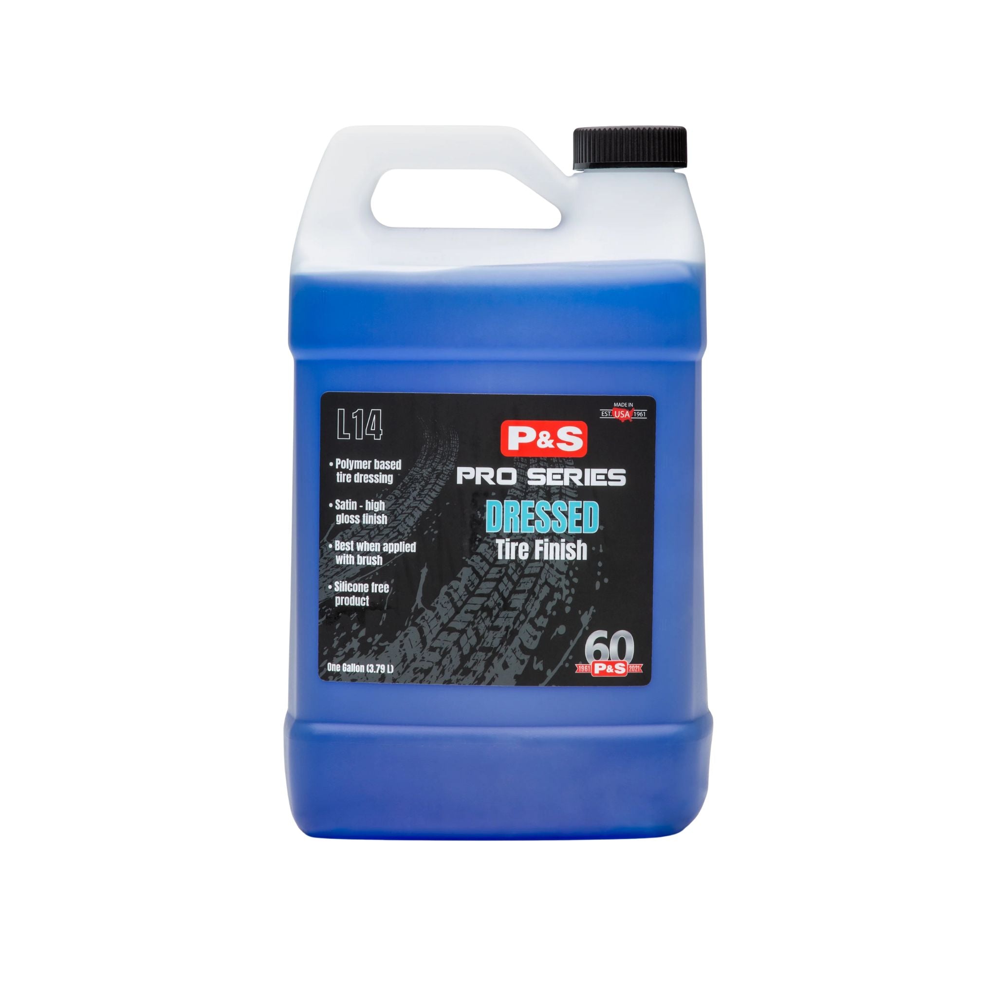 One-gallon jug of P&S Dressed Tire Finish, a polymer-based tire dressing for a satin or high-gloss finish.