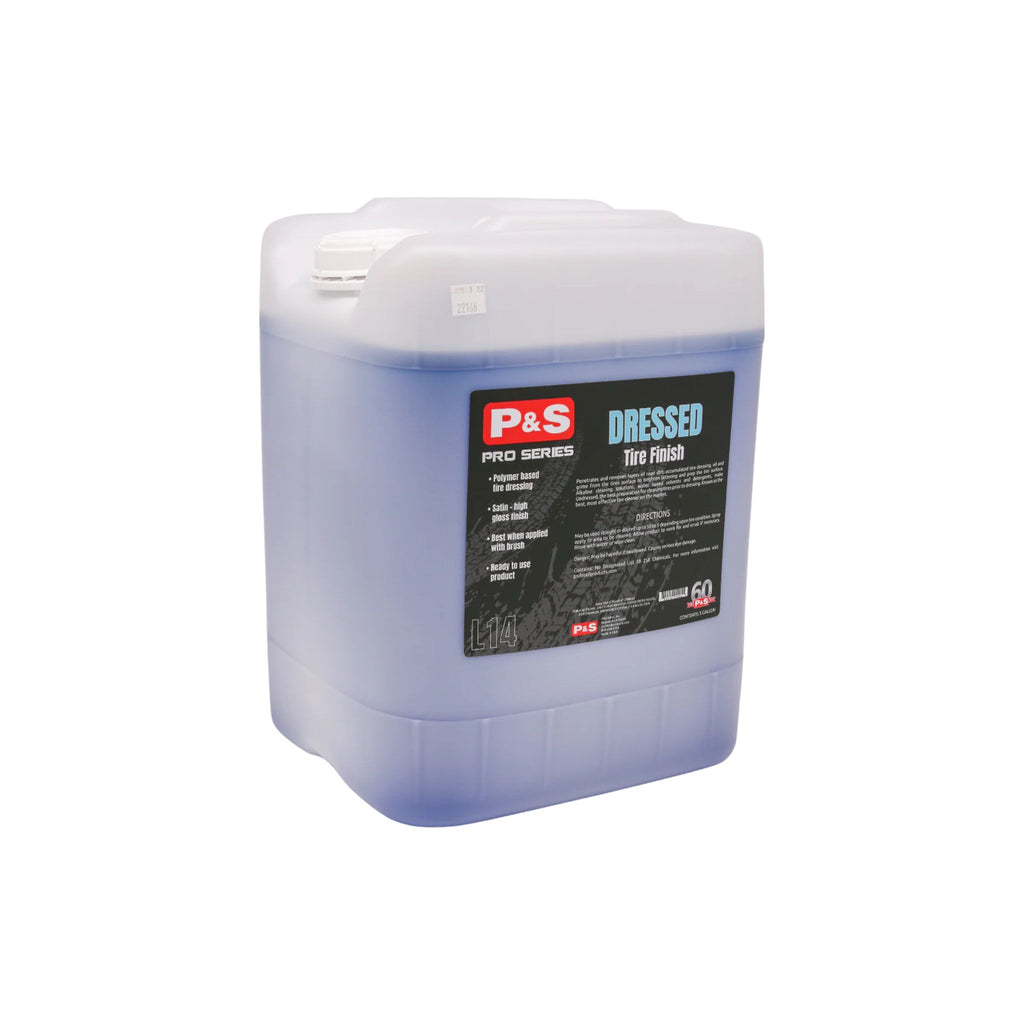 Five-gallon jug of P&S Dressed Tire Finish, best applied after Undressed with a brush or spray bottle.