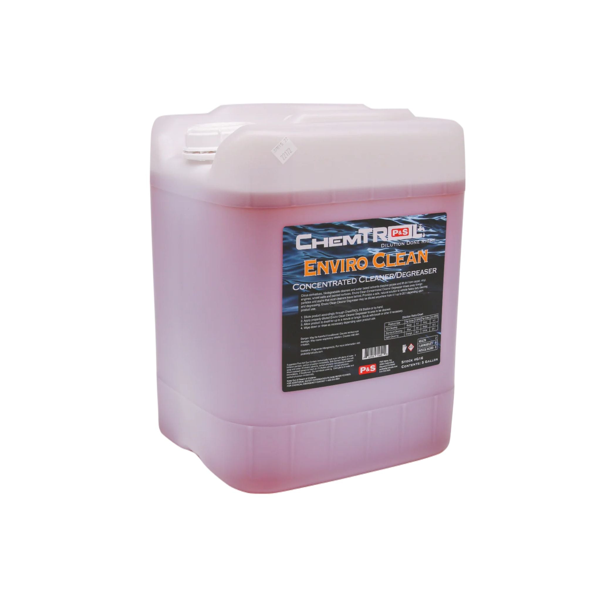 Five-gallon jug of P&S Enviro-Clean Concentrated Cleaner with citrus derivatives and solvents to dissolve grease.