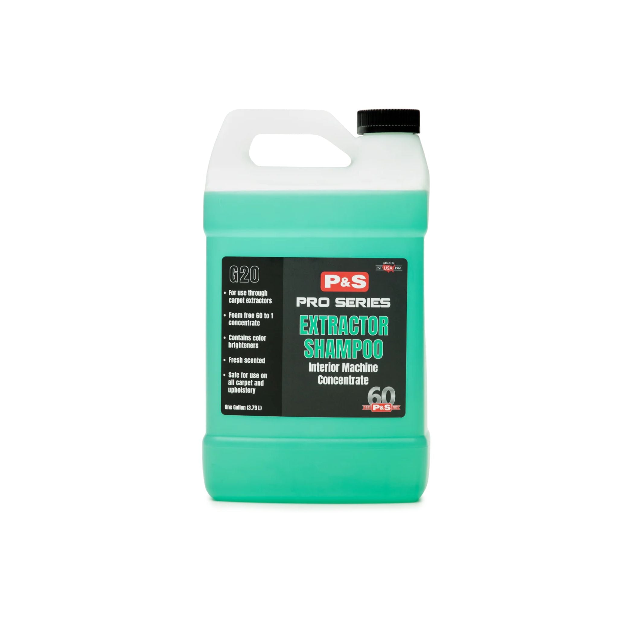 One-gallon jug of P&S Extractor Shampoo, safe for all carpet types and contains color brighteners for effective cleaning.
