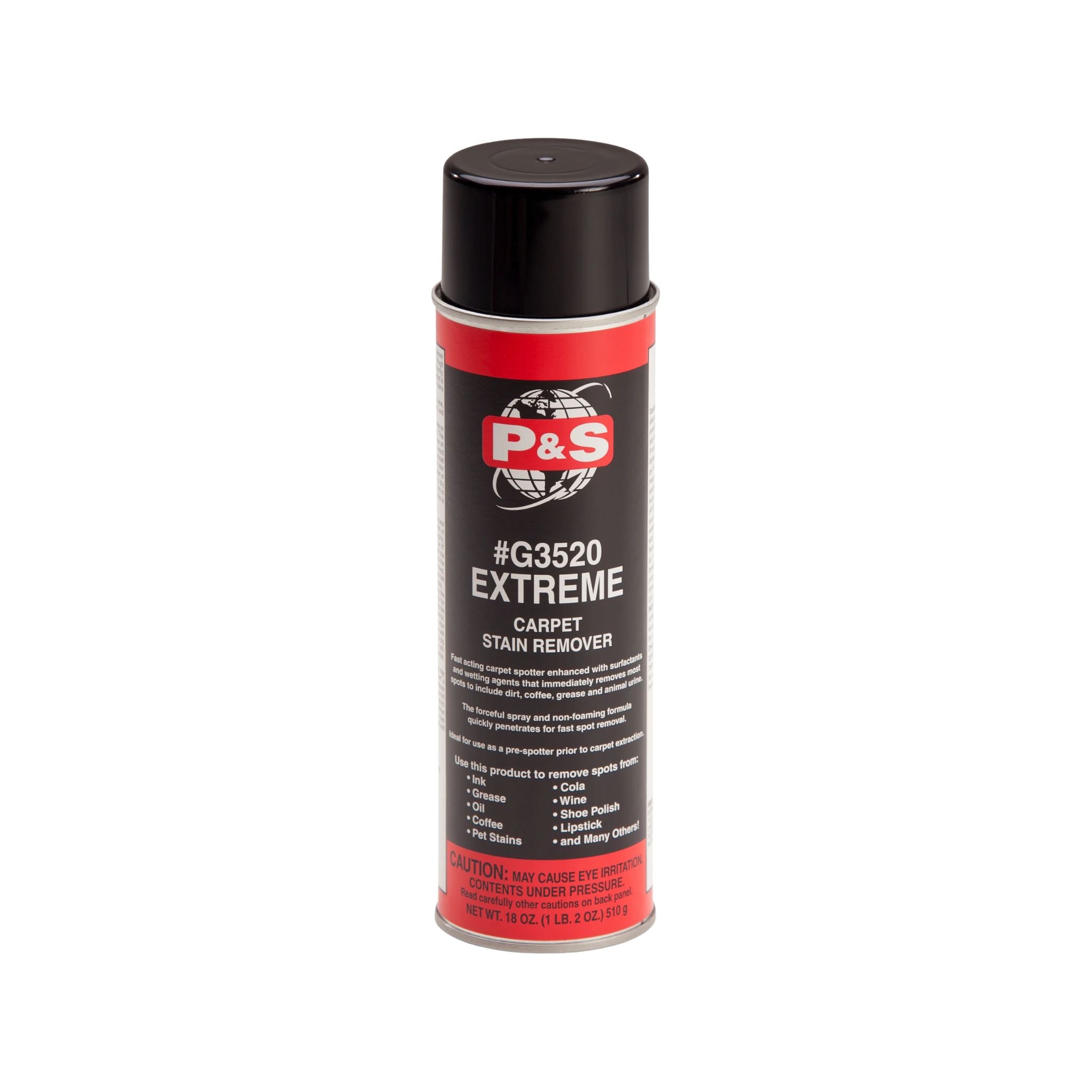 Can of P&S EXTREME Carpet Stain Remover designed to break down tough stains on surfaces like fabric, carpet, and upholstery.