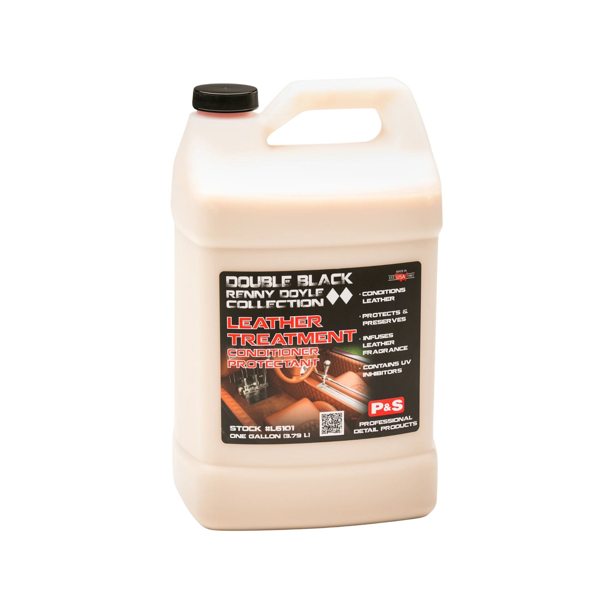 One-gallon jug of P&S Leather Treatment, a conditioner and protectant that revives dry and worn leather.