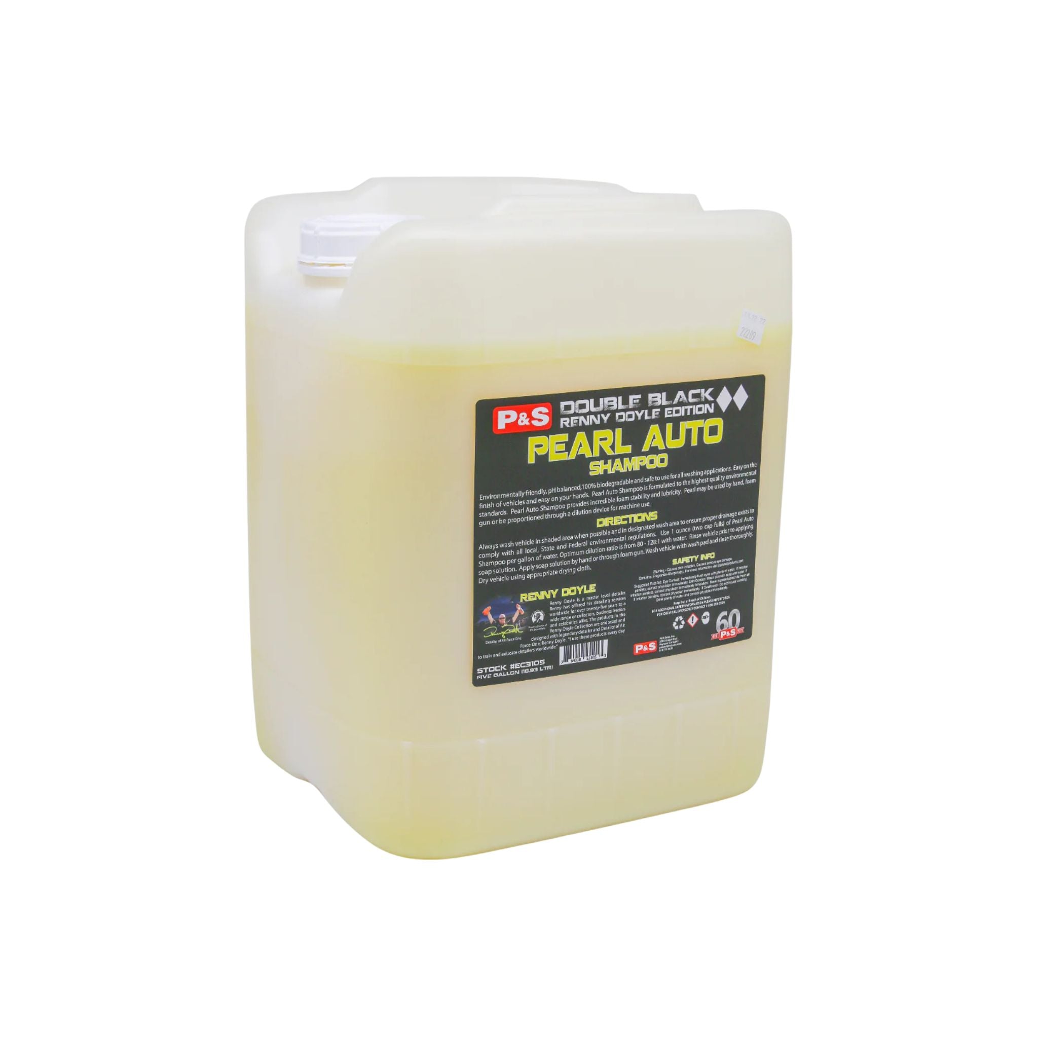 Five-gallon jug of P&S Pearl Auto Shampoo, safe for all washing applications and gentle on hands.