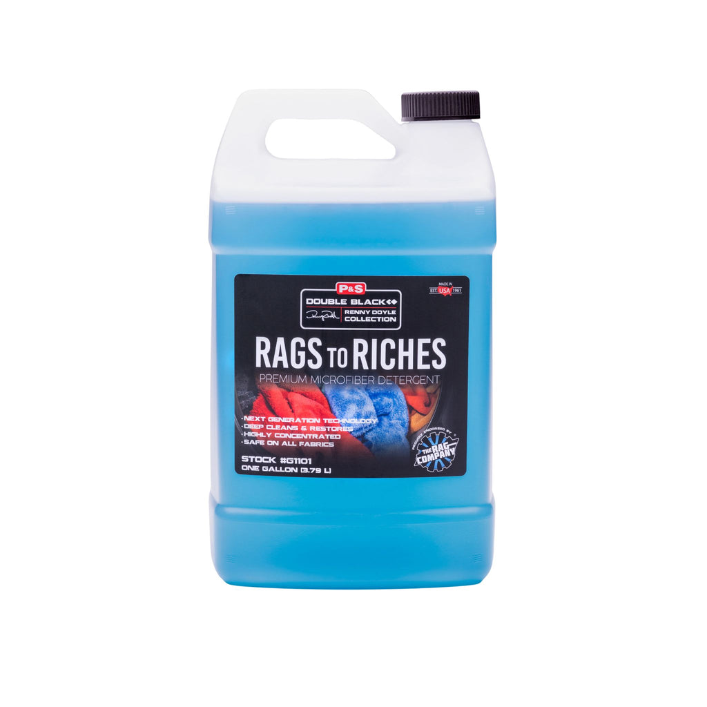 One-gallon jug of P&S Rags To Riches, a microfiber detergent that deeply cleans and restores.
