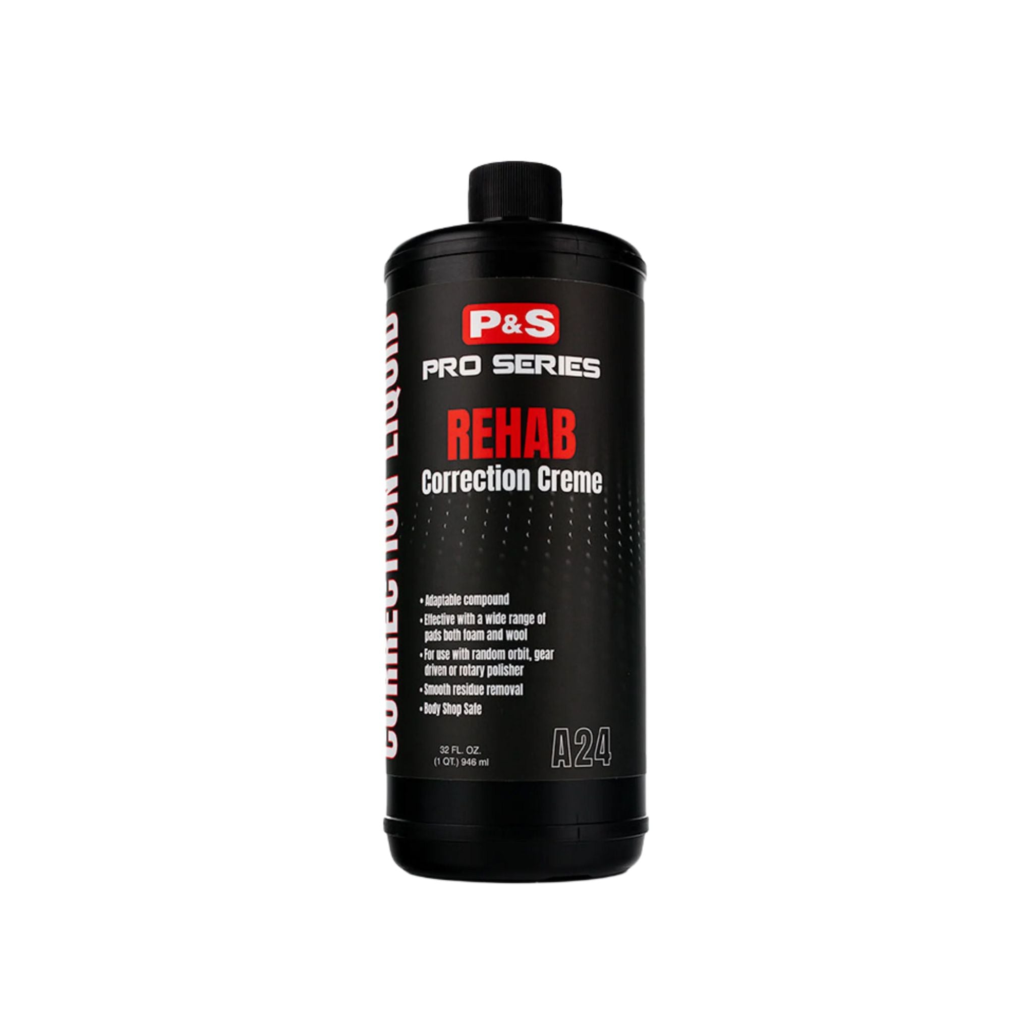 32 oz bottle of P&S Rehab Correction Creme, an adaptable compound for resolving paint imperfections.