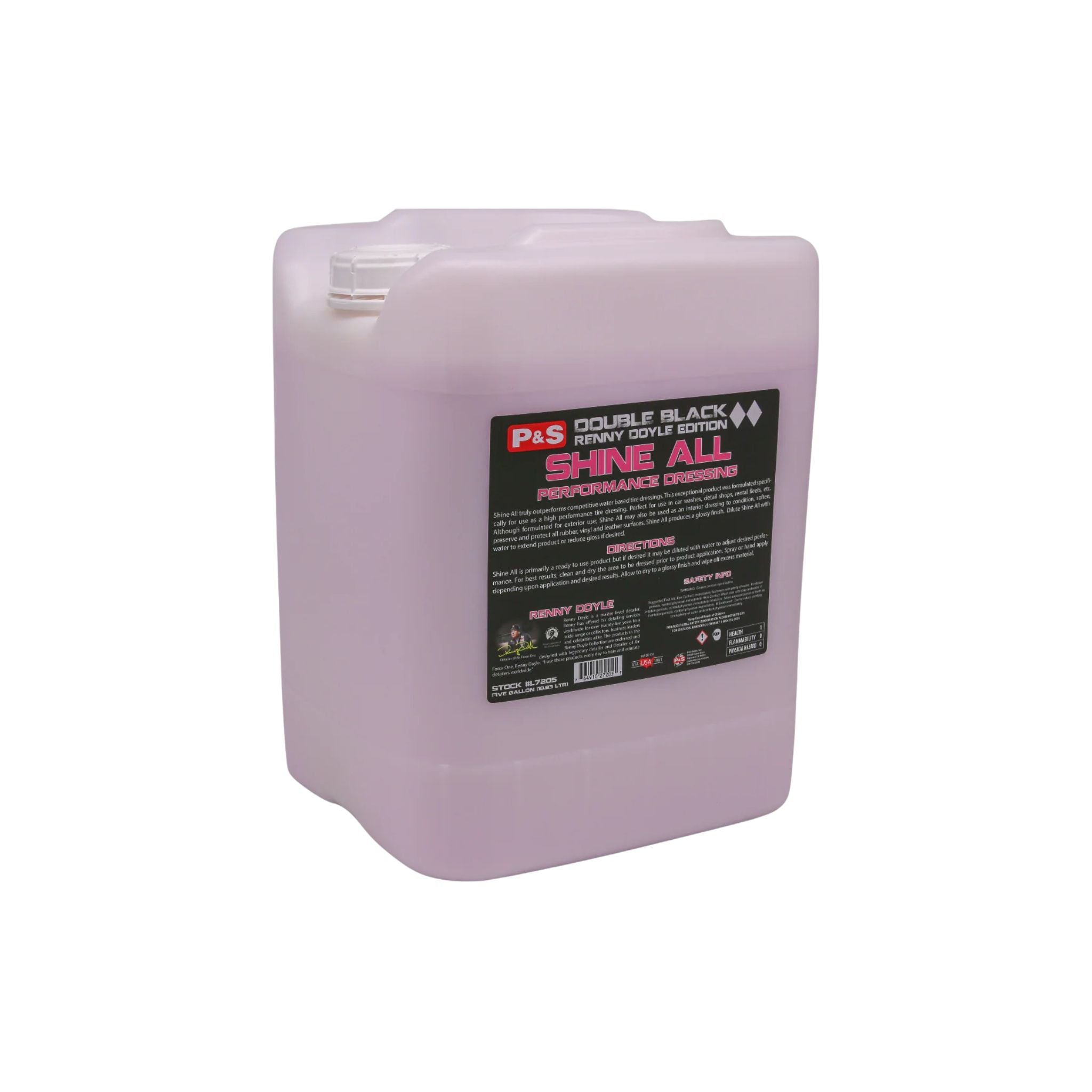 Five-gallon jug of P&S Shine All, a water-based dressing safe for interior and exterior surfaces.