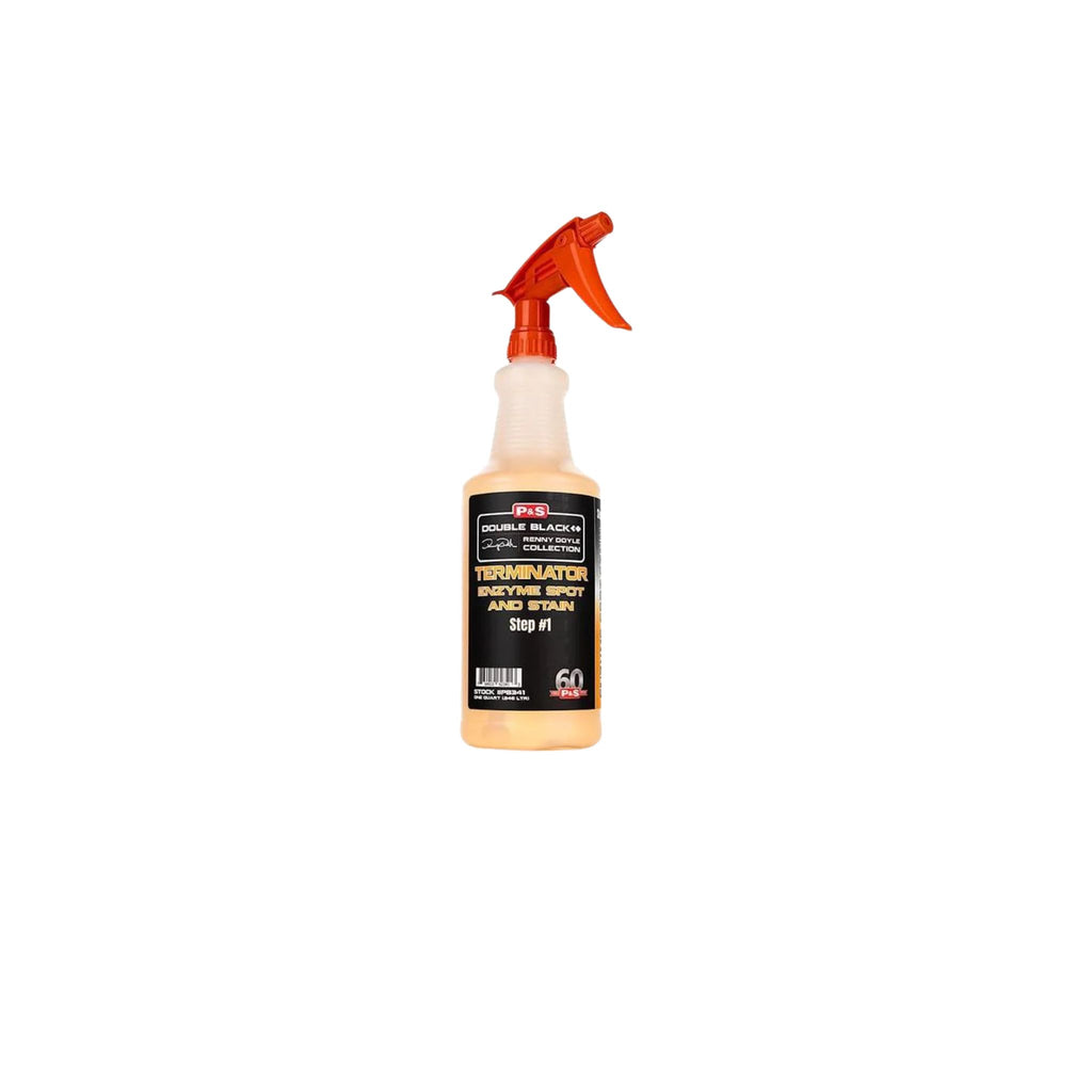 32 oz bottle of P&S Terminator, a cleaner that deodorizes carpet and upholstery as it works.