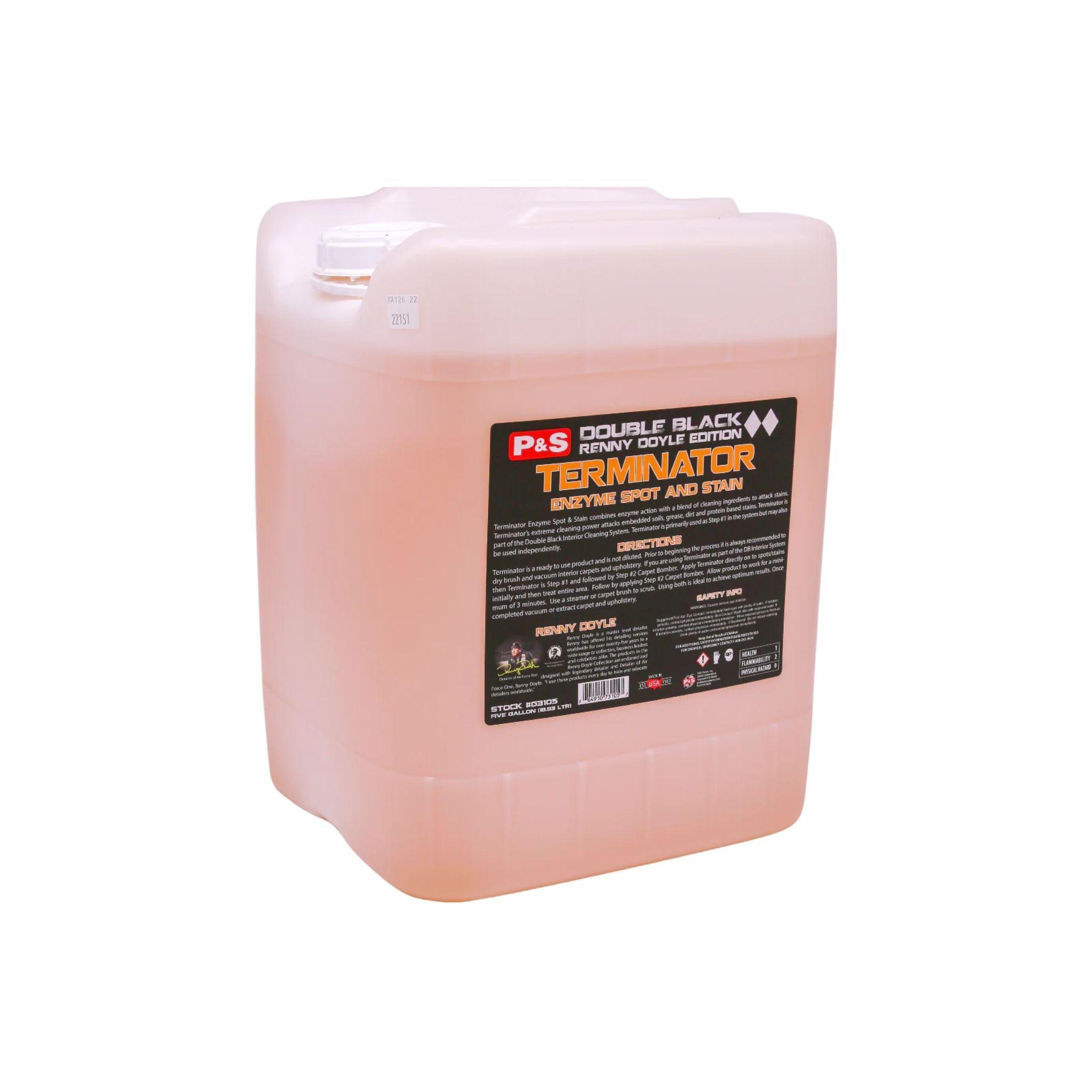 Five-gallon container of P&S Terminator, step one in the P&S three-step carpet cleaning system.