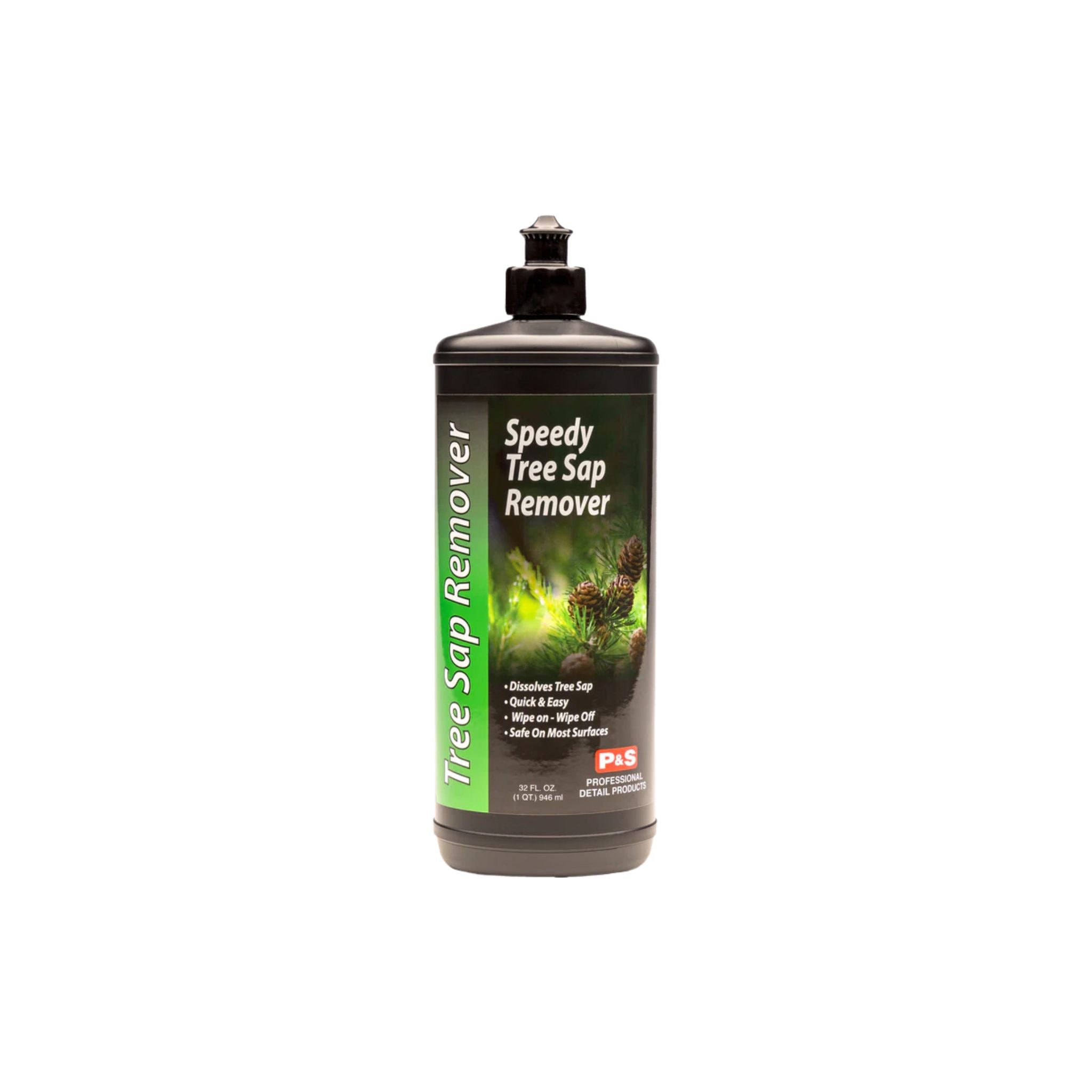 Green and black bottle of P&S Tree Sap Remover for easy removal of tree sap on painted surfaces and glass.