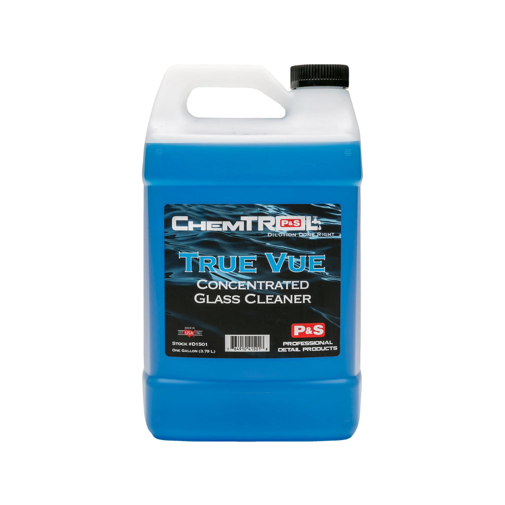 Container of P&S True Vue, a water-based concentrated glass cleaner for streak-free cleaning of glass surfaces.