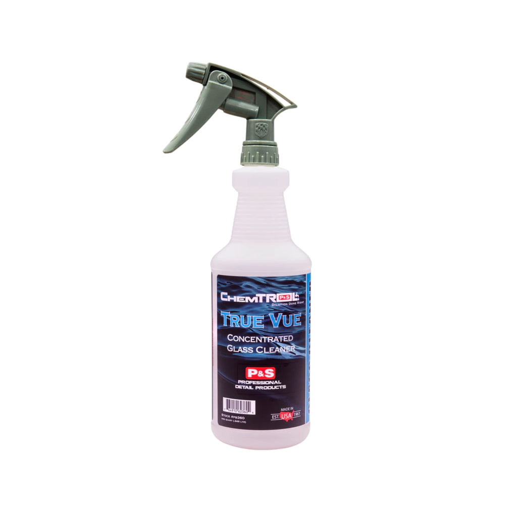 32 oz bottle of P&S True Vue, suitable for glass cleaning in both hot and cold weather conditions.