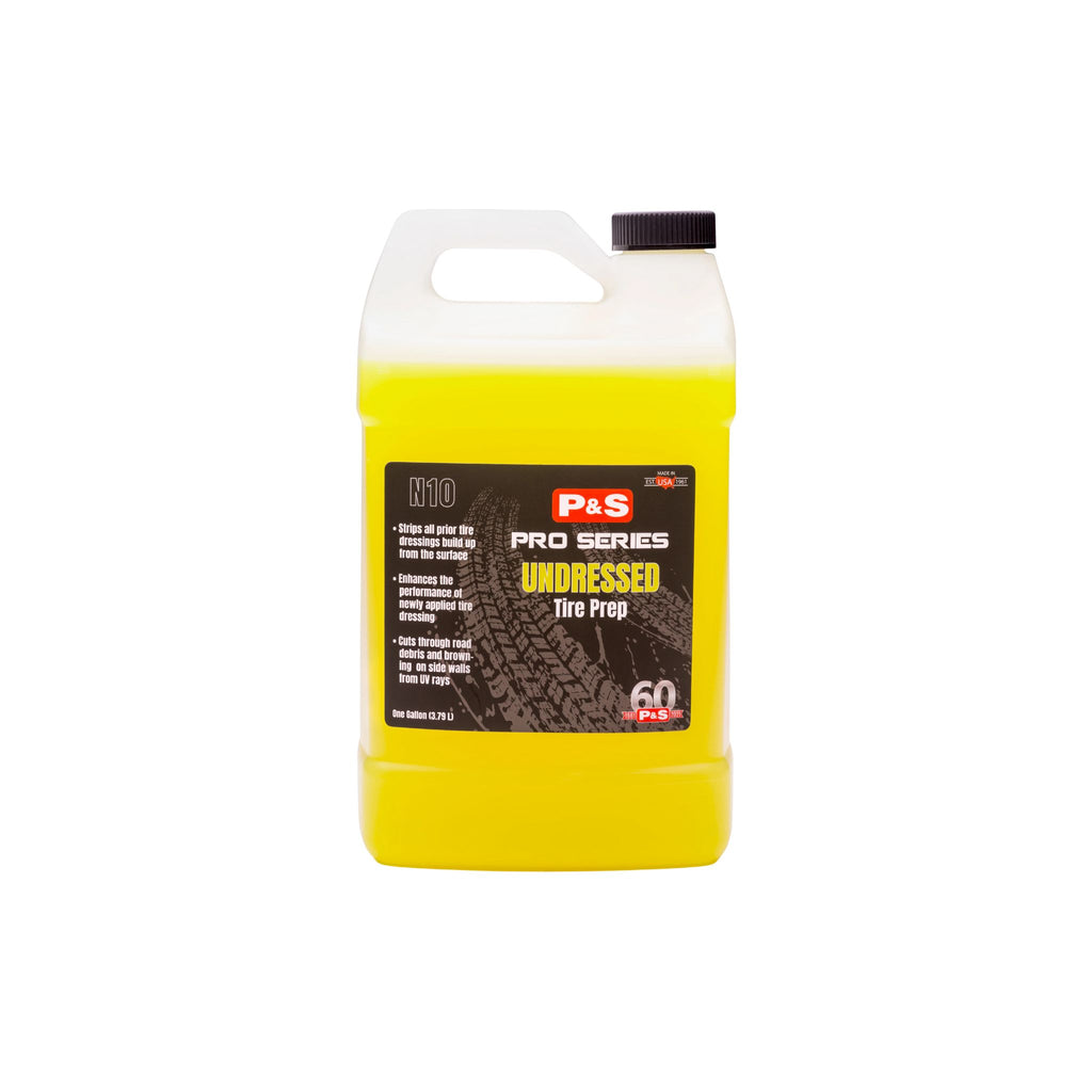 Container of P&S Undressed Tire Prep, a tire cleaner with alkaline detergents to remove old dressings and built-up grime.