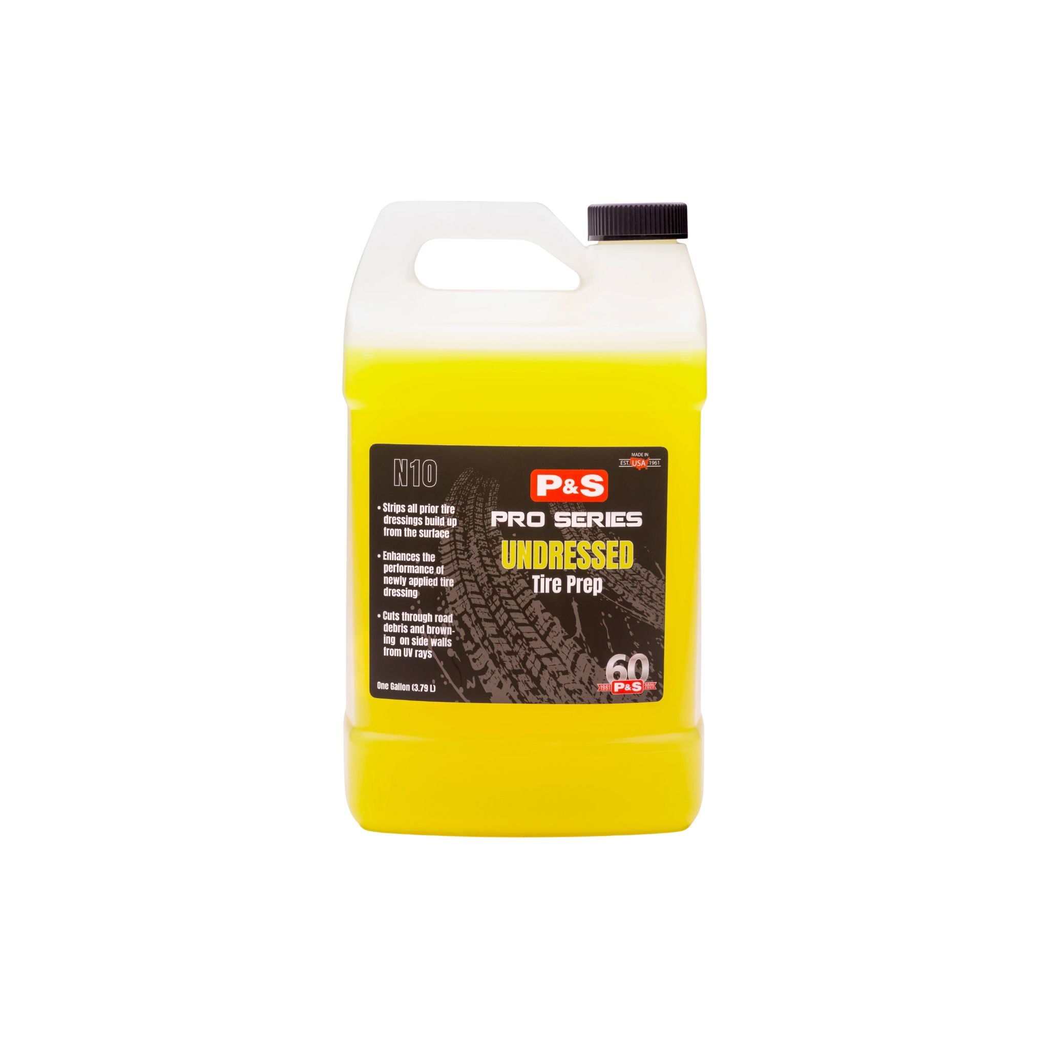 Container of P&S Undressed Tire Prep, a tire cleaner with alkaline detergents to remove old dressings and built-up grime.