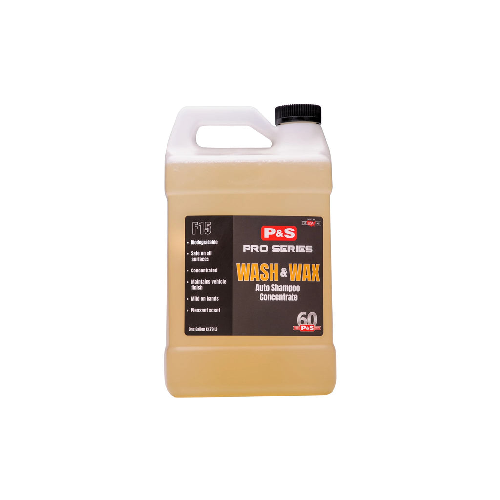 One-gallon jug of P&S Wash & Wax, a concentrated pH-neutral car shampoo with wax for added protection and a glossy finish.