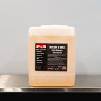 Five-gallon jug of P&S Wash & Wax, a biodegradable shampoo with wax that's safe for all washing applications.