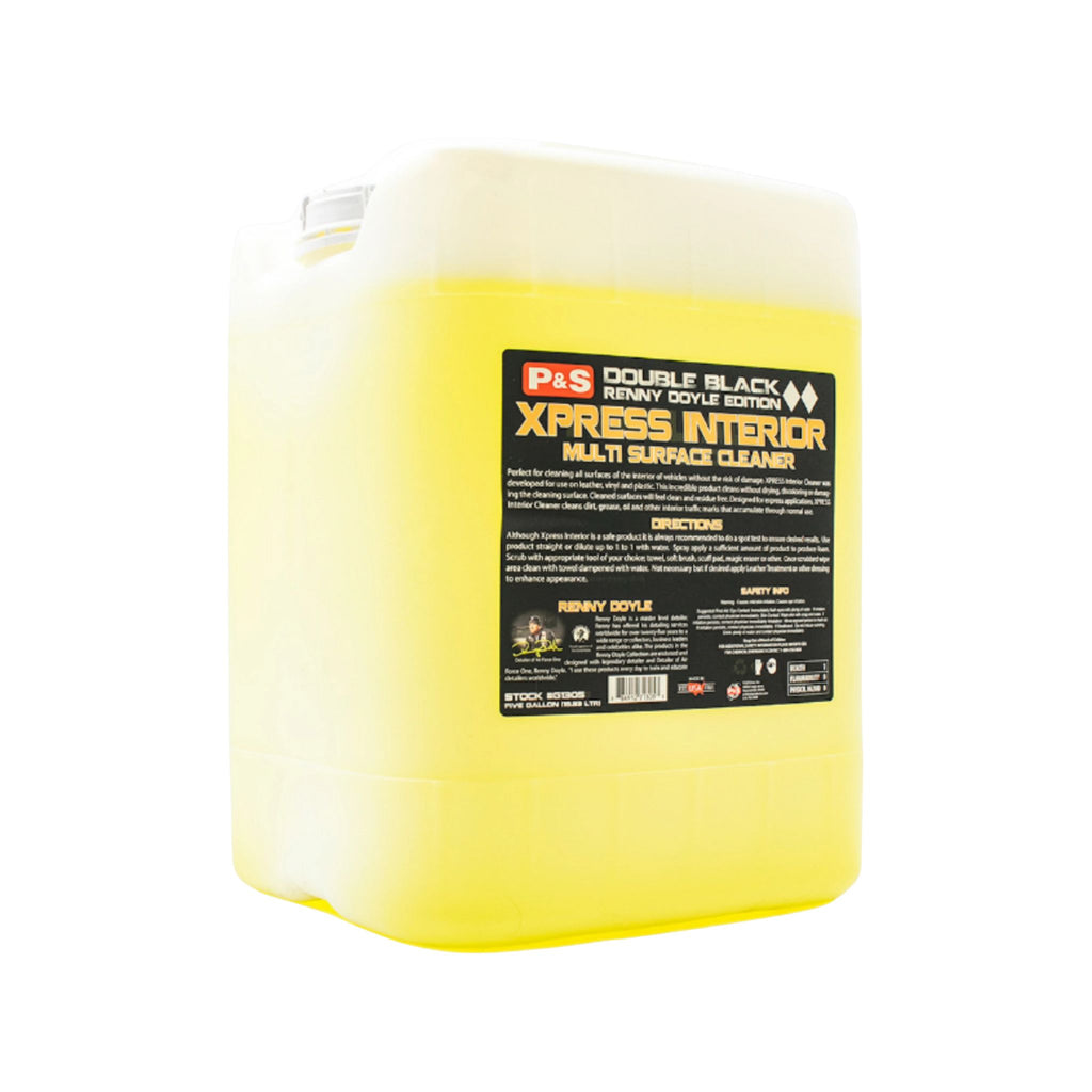 Five-gallon jug of P&S Xpress Interior Cleaner that leaves surfaces feeling clean and free of any residue.