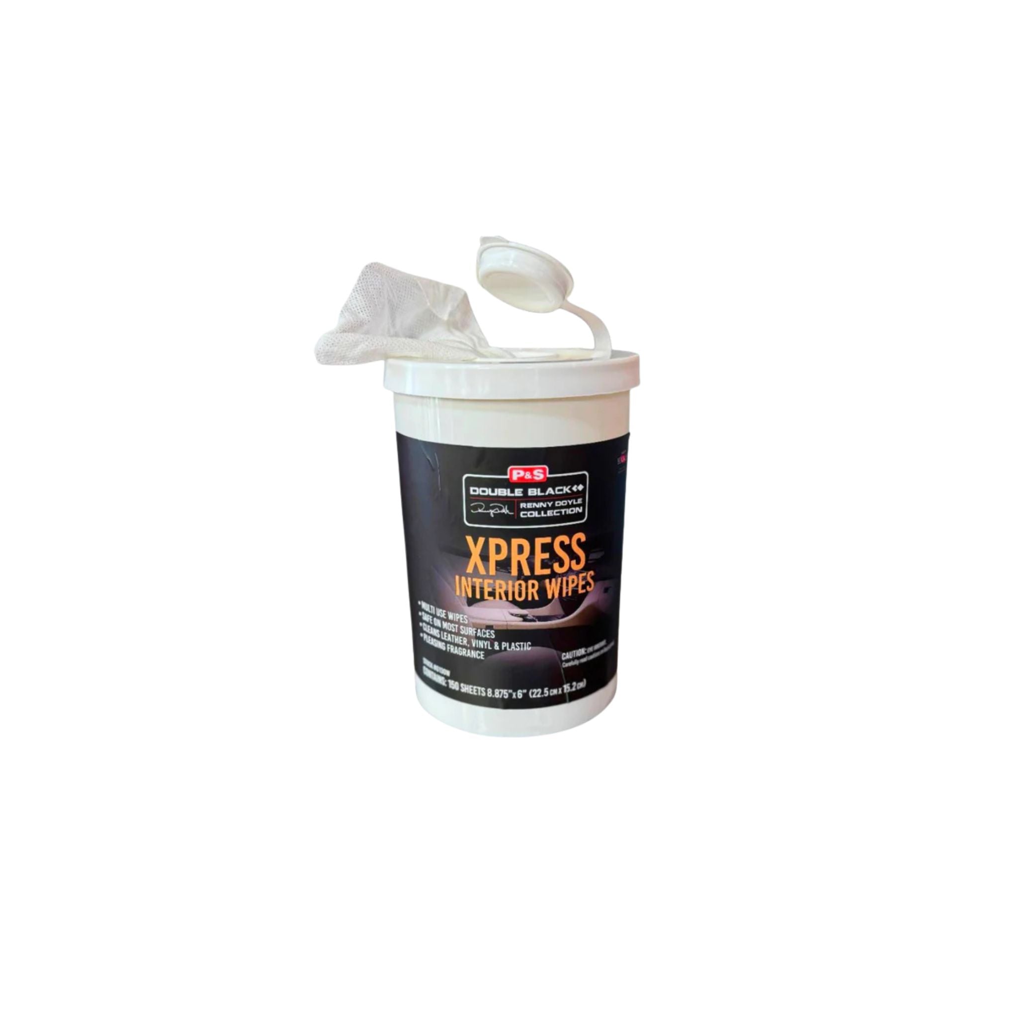 Tub of P&S Xpress Interior Wipes for quick, efficient cleaning of multiple surfaces inside and outside without risk of damage.