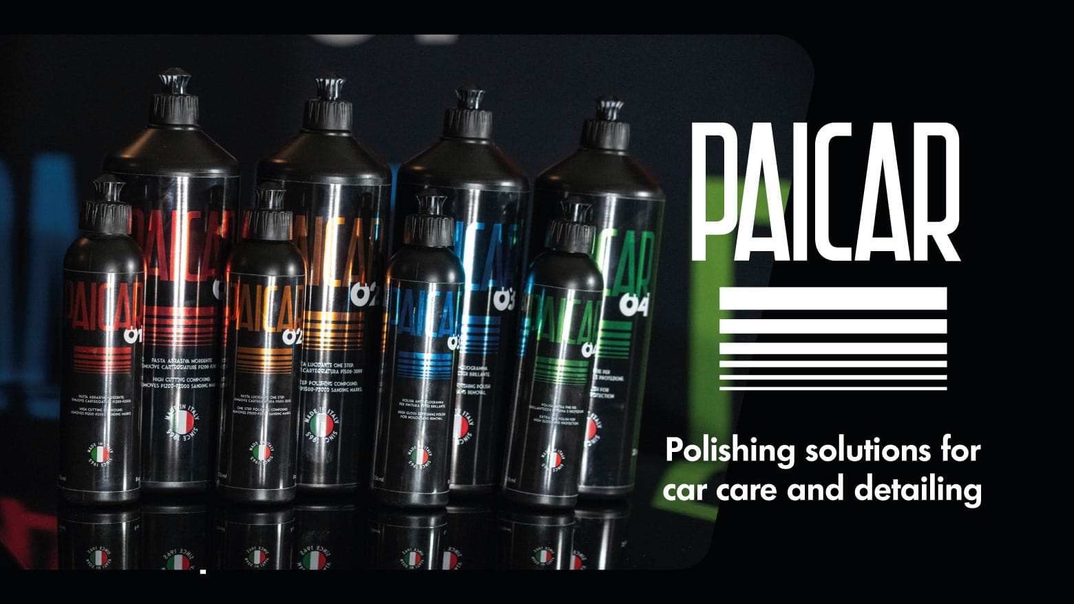 A photo of paicar the polishing solutions including all of their compounds and polishes black bottle with colored labels
