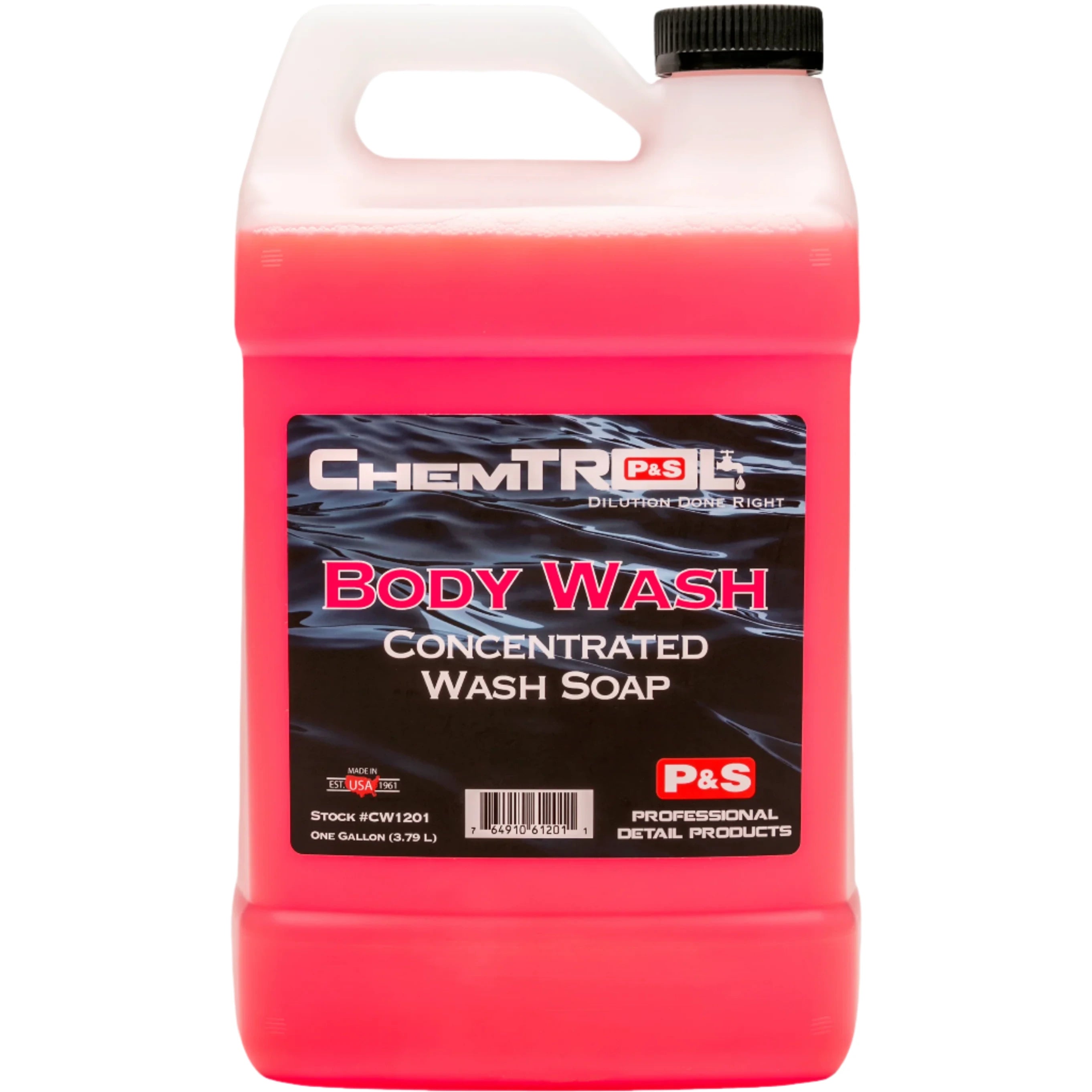 Gallon of P&S Body Wash Concentrate with a cherry scent for increased customer satisfaction.