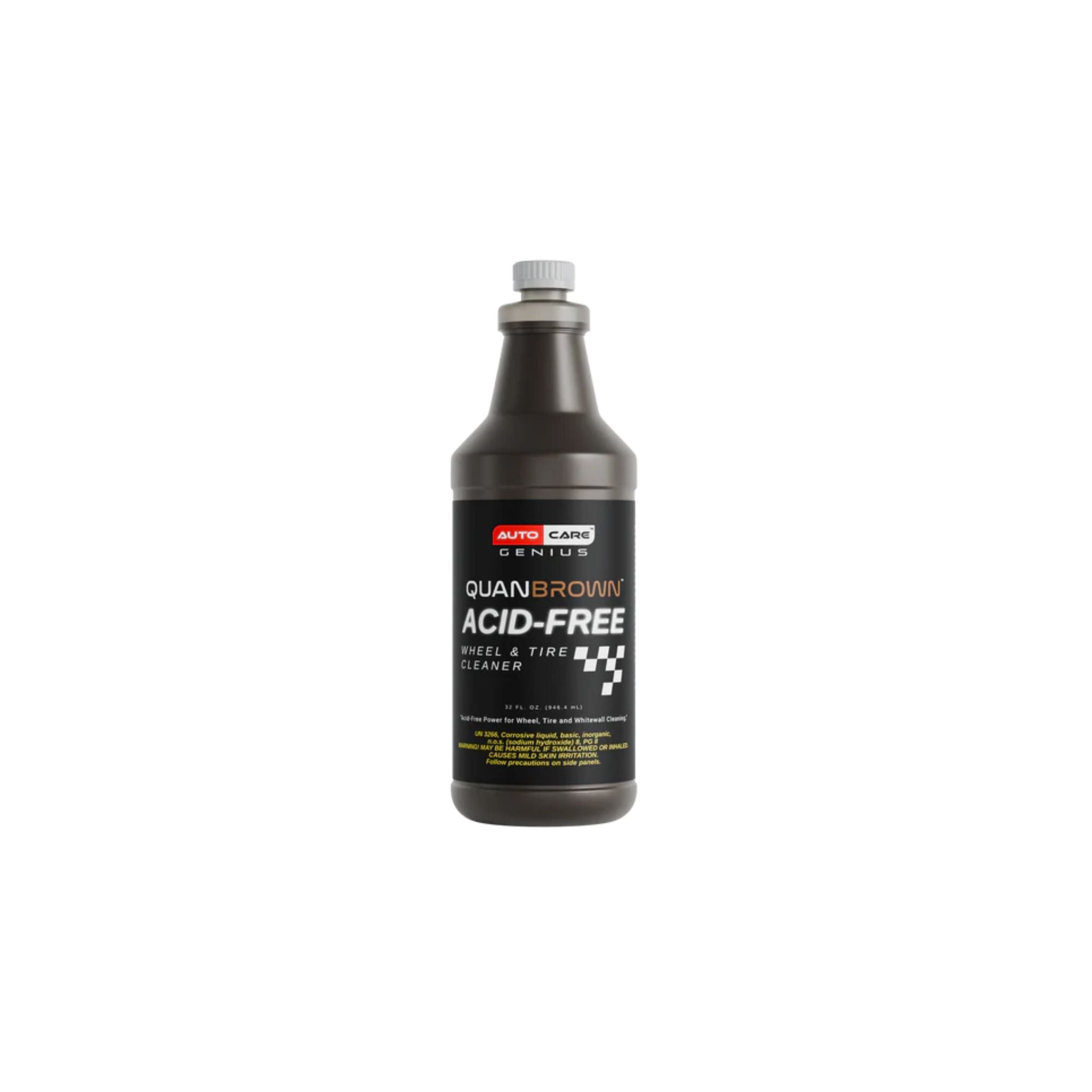 Auto Care Genius Quan Brown Acid-Free Tire & Wheel Cleaner safely removes dirt for effective tire and wheel cleaning.