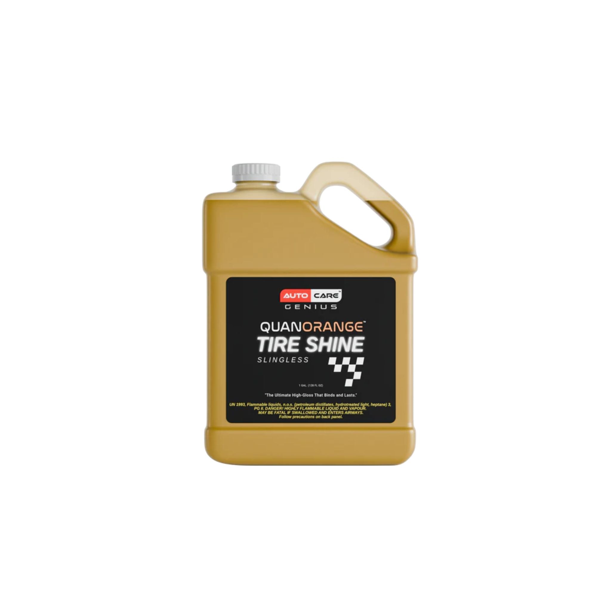 Auto Care Genius Quan Orange Tire Shine Slingless delivers a deep gloss finish with a slingless, long-lasting formula.