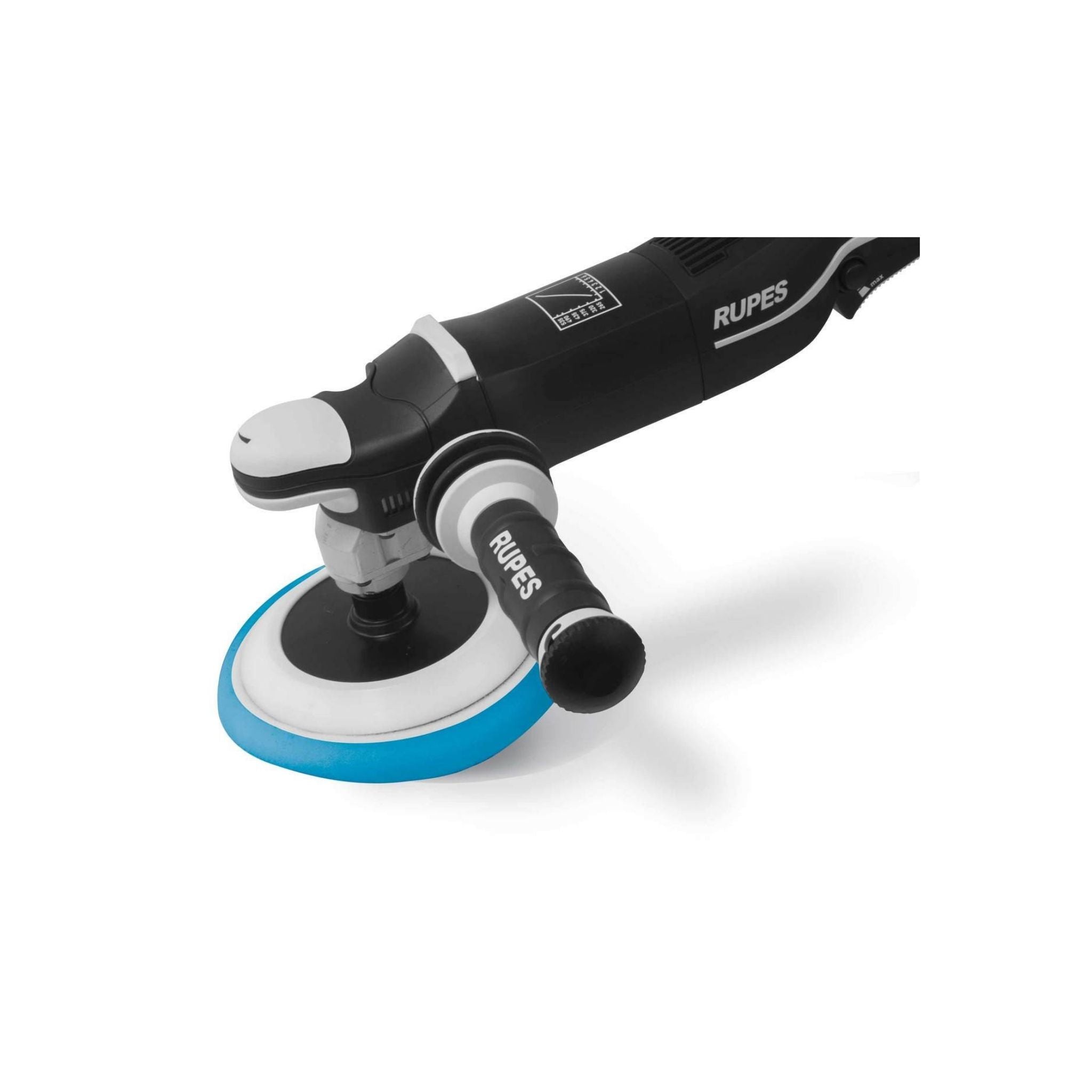 RUPES car polisher on a white background with the RUPES Bigfoot LH19E Rotary Anti Vibration Side Handle