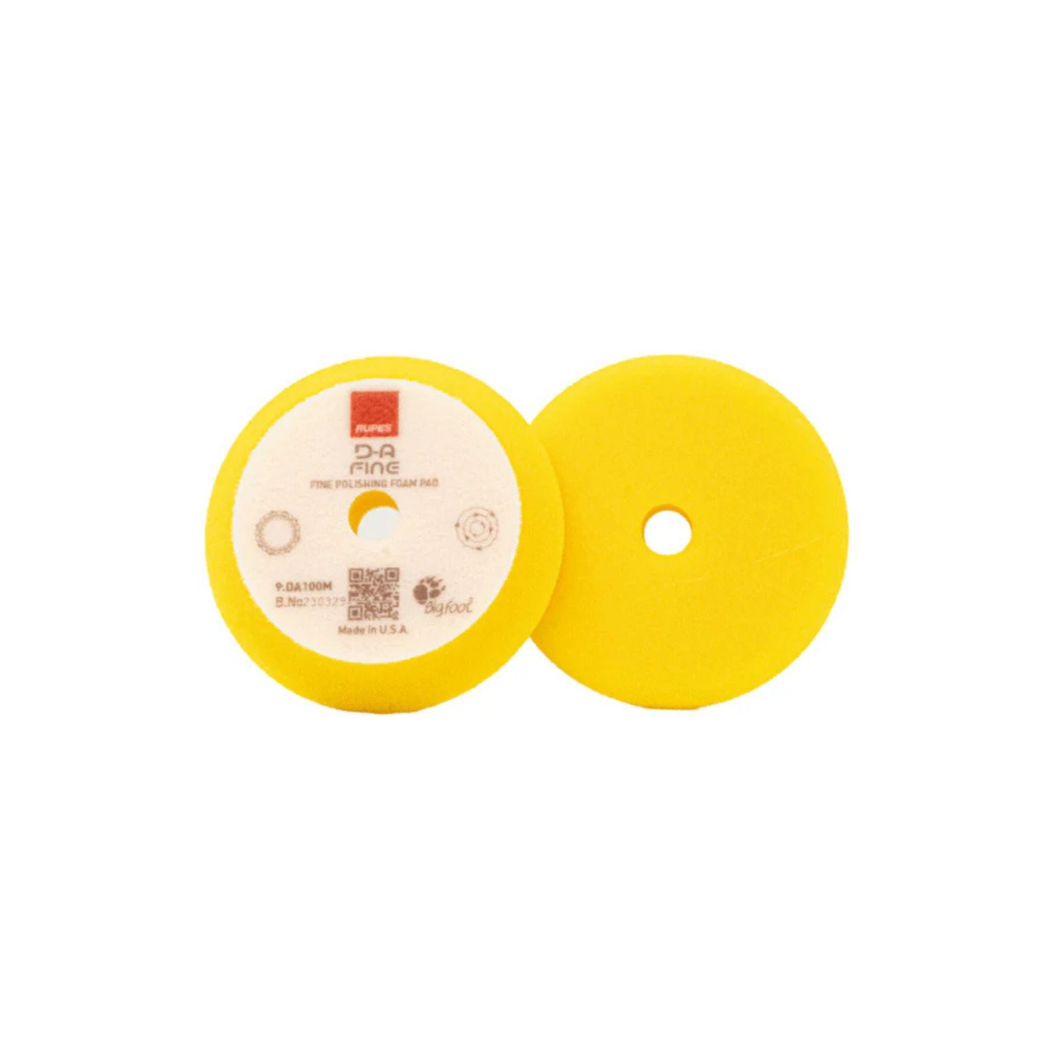 RUPES D-A FINE Finishing Foam Pad Two yellow polishing pads with a brand label on a white background