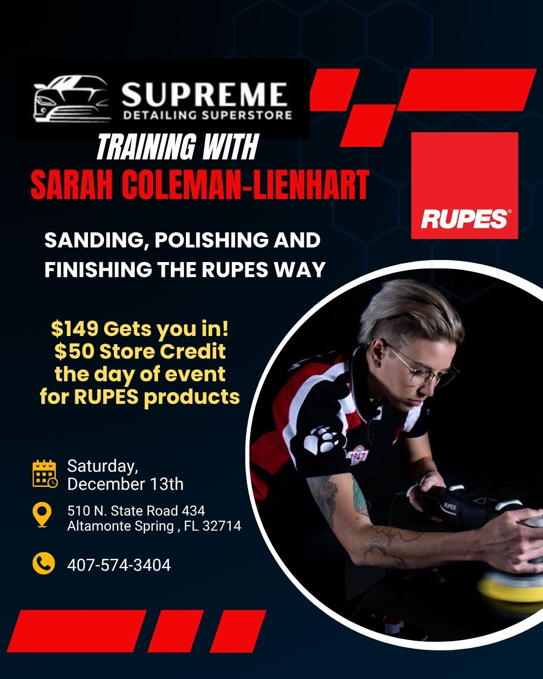 Advertisement for RUPES detailing training with Sarah Coleman-Lienhart, featuring text and a photo of a person using a polisher.