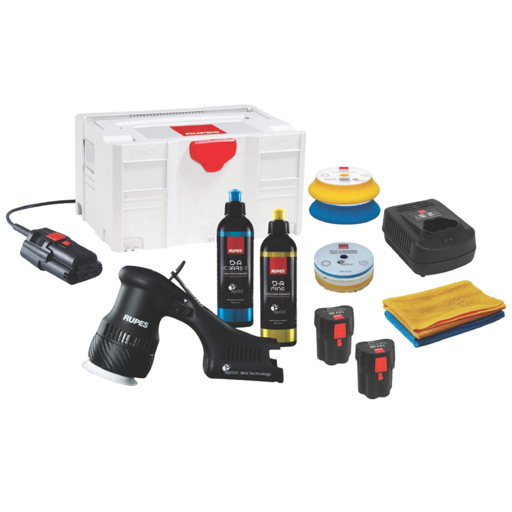 RUPES BigFoot HLR75 Mini iBrid Polisher Complete Kit with batteries, charger, pads, compounds, accessories, and tool bag.